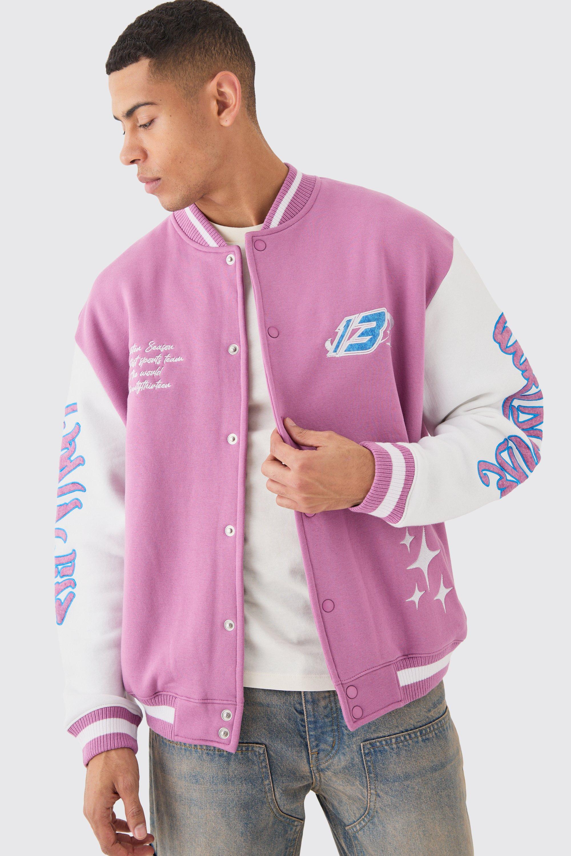 Image of Oversized Worldwide Applique Jersey Bomber Jacket, Pink
