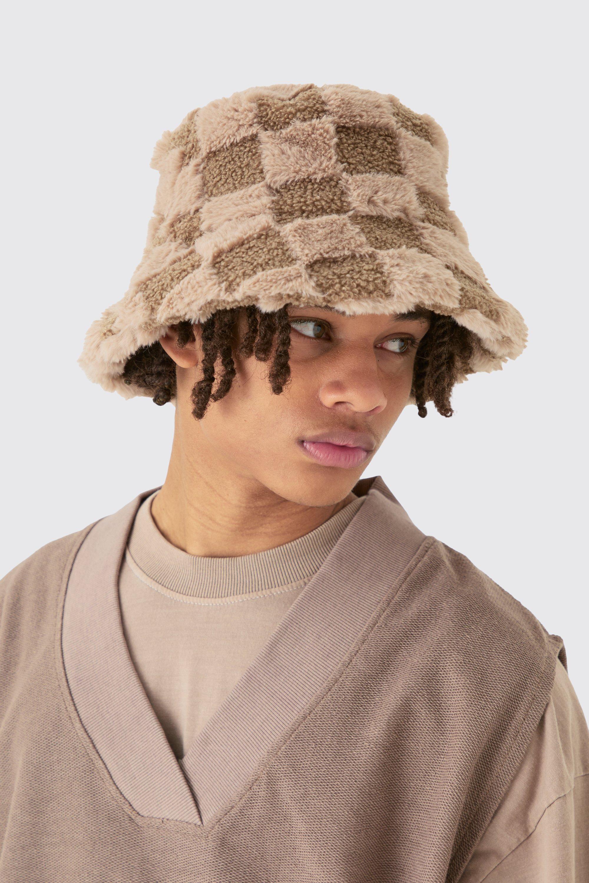 Mens Beige Checkerboard Fluffy Bucket Hat In Taupe, Beige