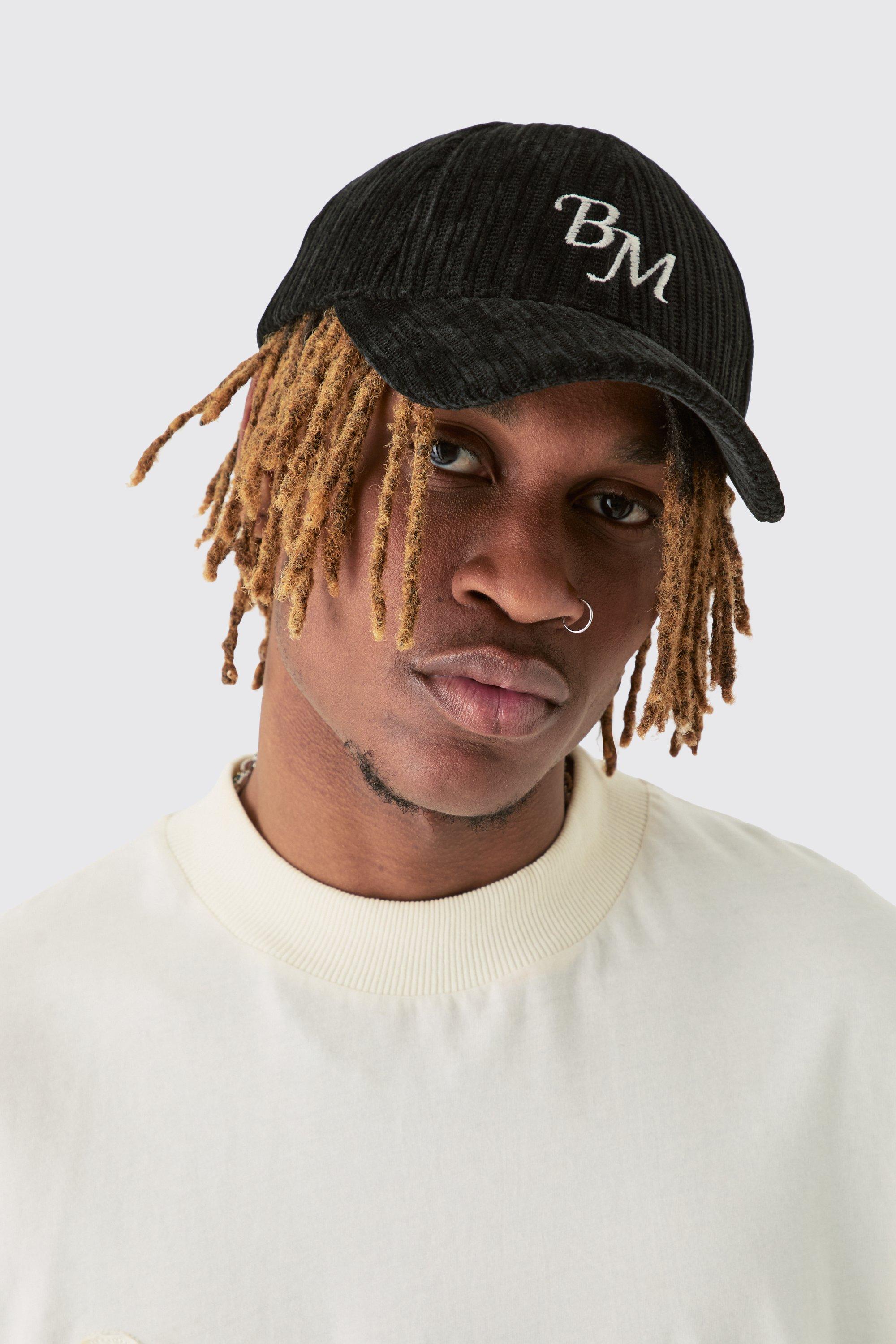 Mens BM Embroidered Corduroy Cap In Black, Black