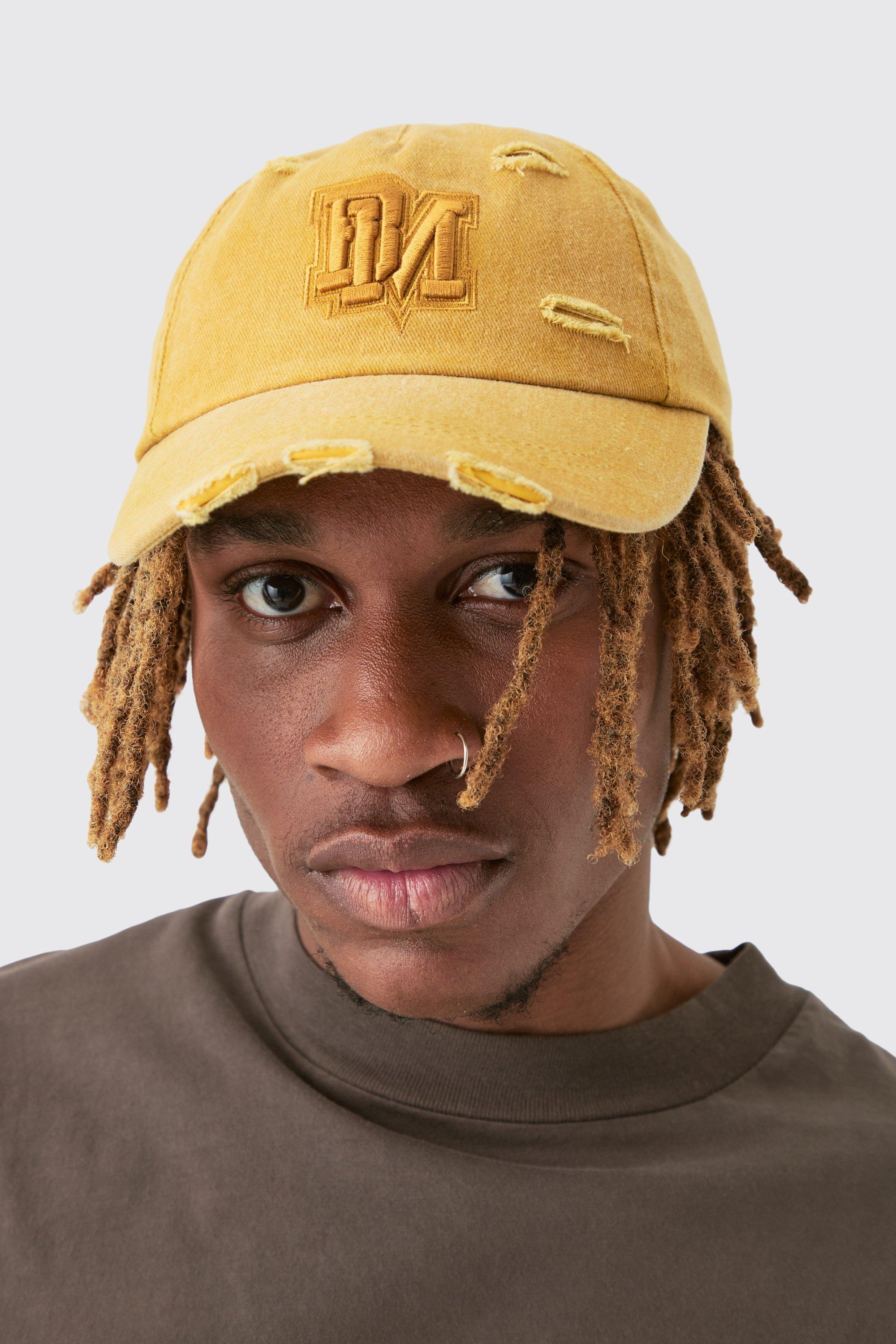 Mens Yellow BM Applique Distressed Cap In Mustard, Yellow