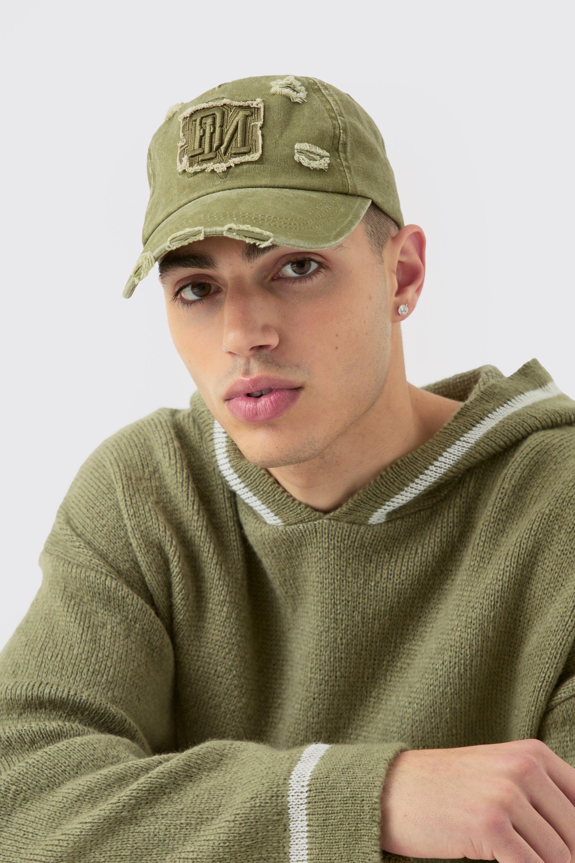 Mens Green BM Applique Distressed Cap In Khaki, Green