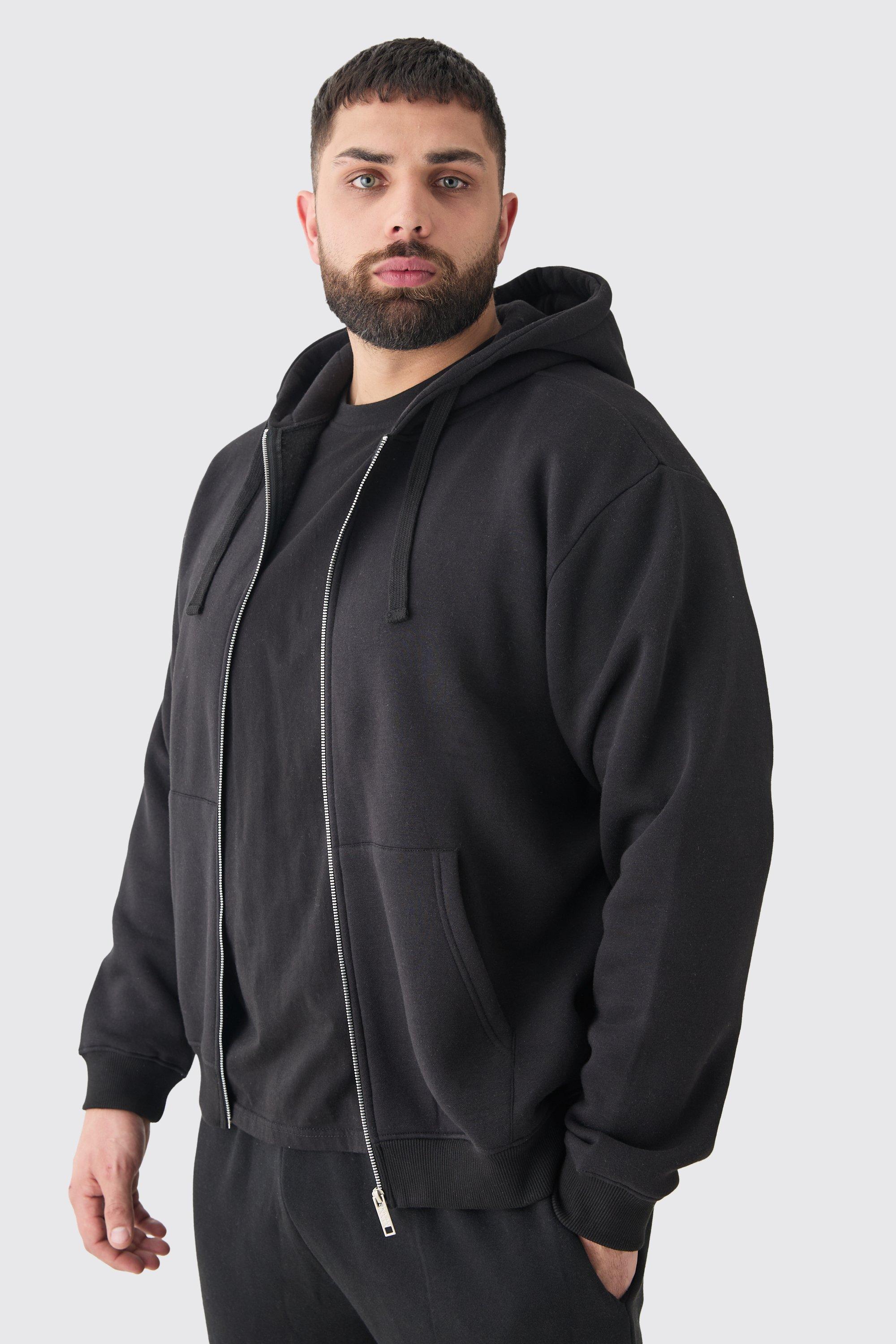 Mens Plus Basic Zip Through Hoodie In Black, Black