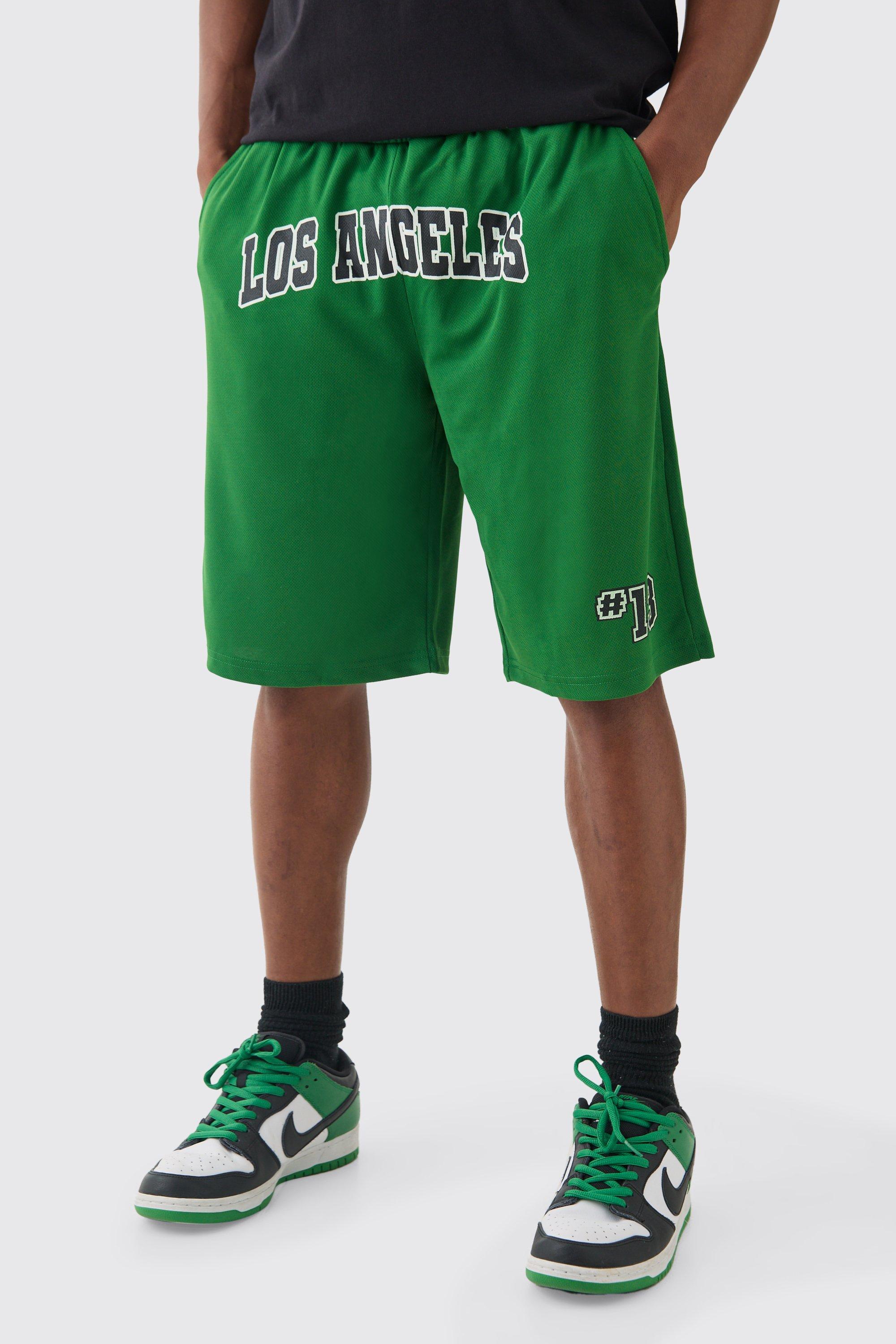 Mens Green Long Length Los Angeles Basketball Short, Green
