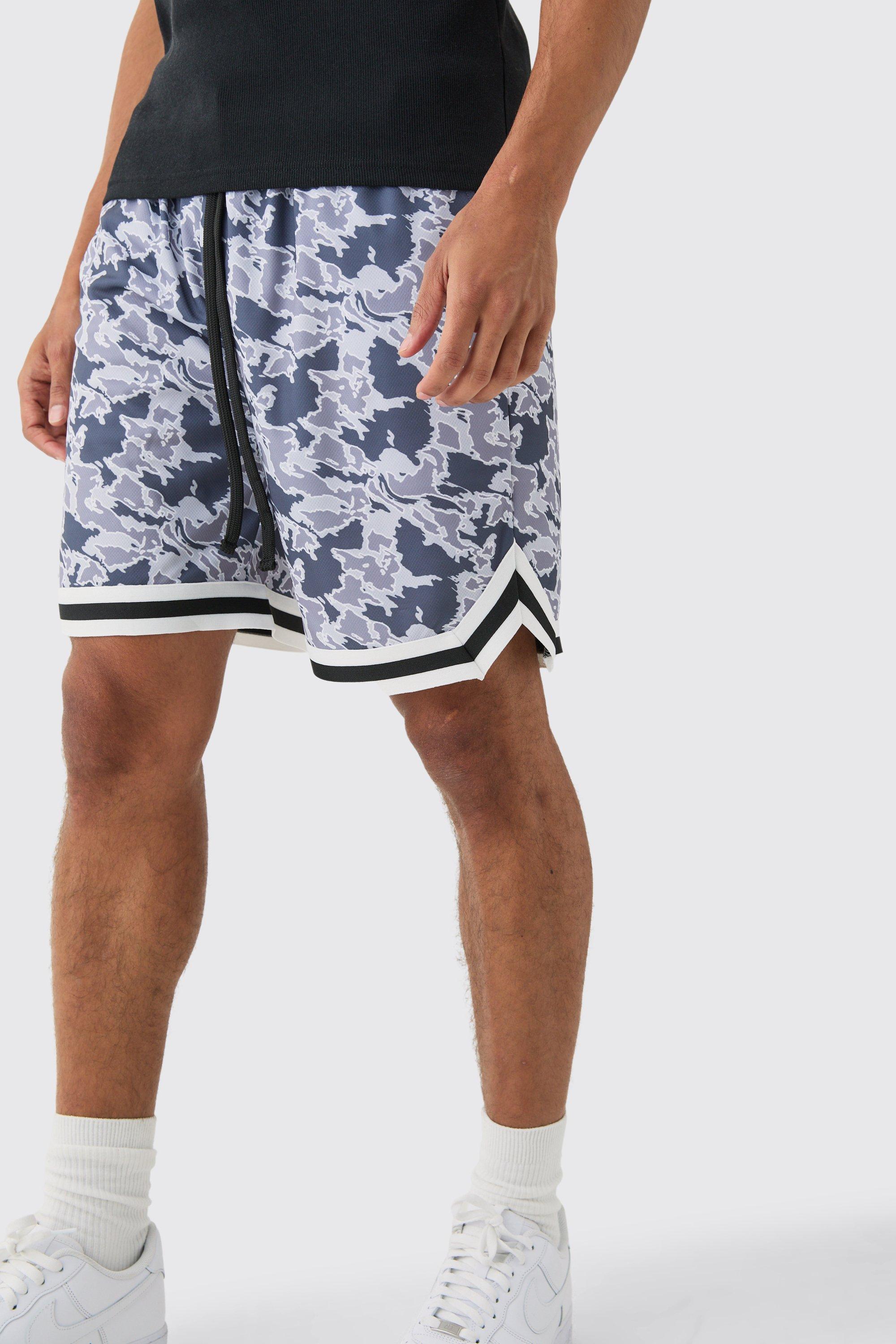 Mens Black Loose Fit Mid Length Camo Mesh Basketball Short, Black