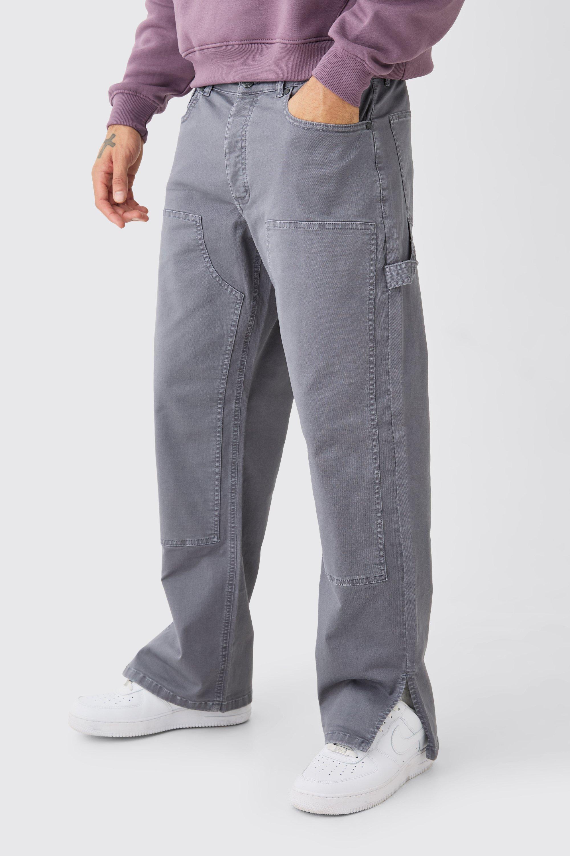 Mens Grey Relaxed Overdye Carpenter Split Hem Trouser, Grey