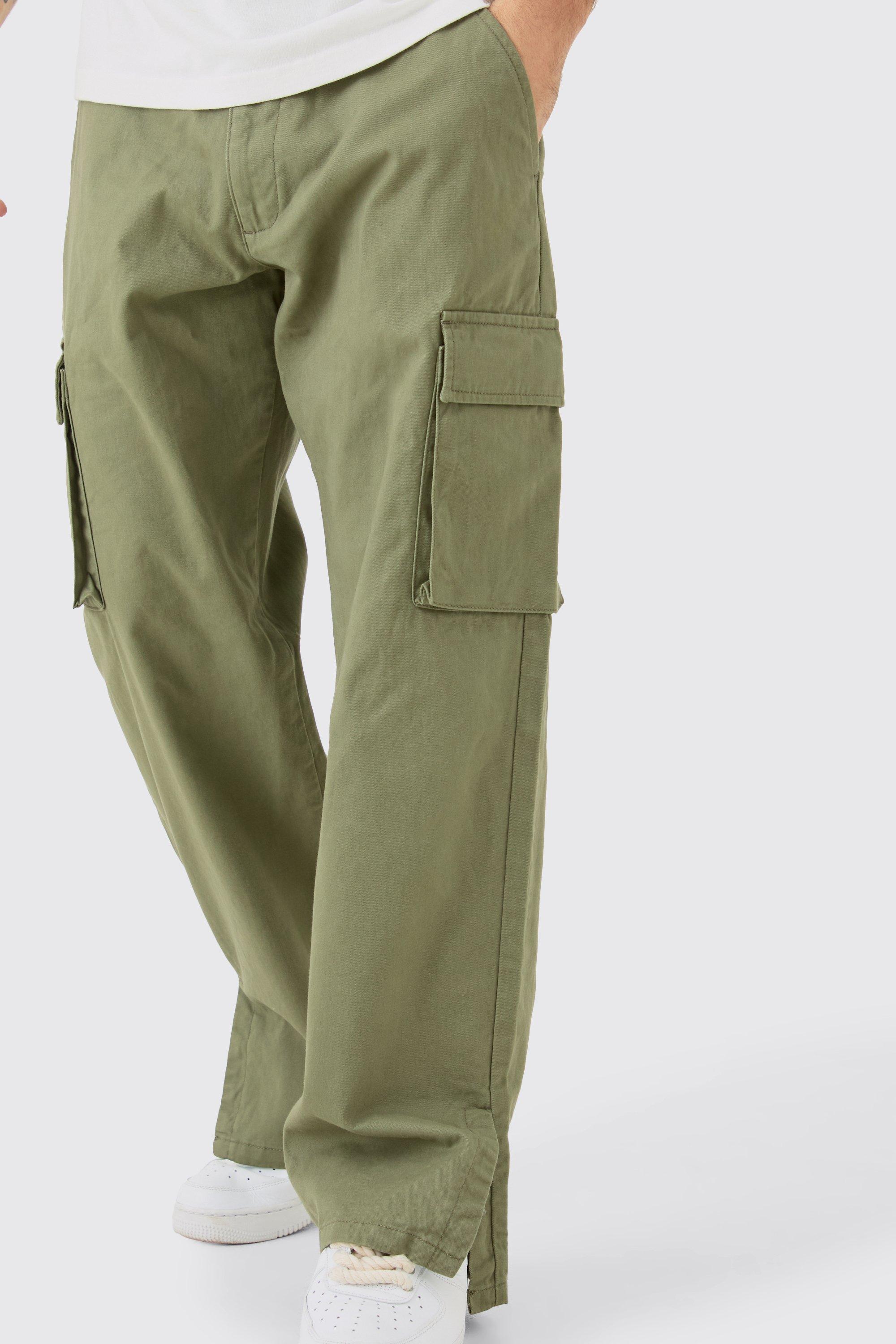 Mens Green Fixed Waist Relaxed Fit Cargo Split Hem Trouser, Green