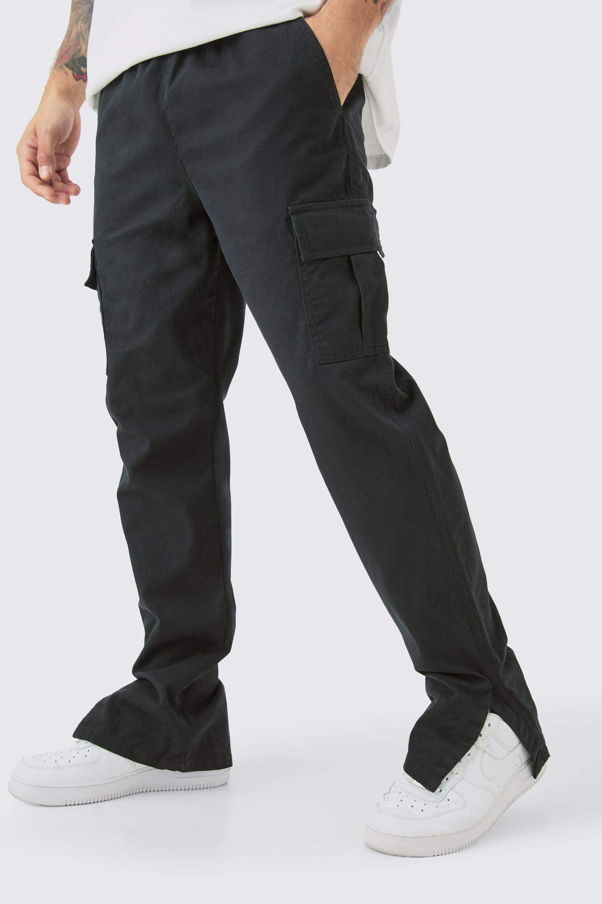 Mens Black Elasticated Waist Slim Fit Cargo Split Hem Trouser, Black