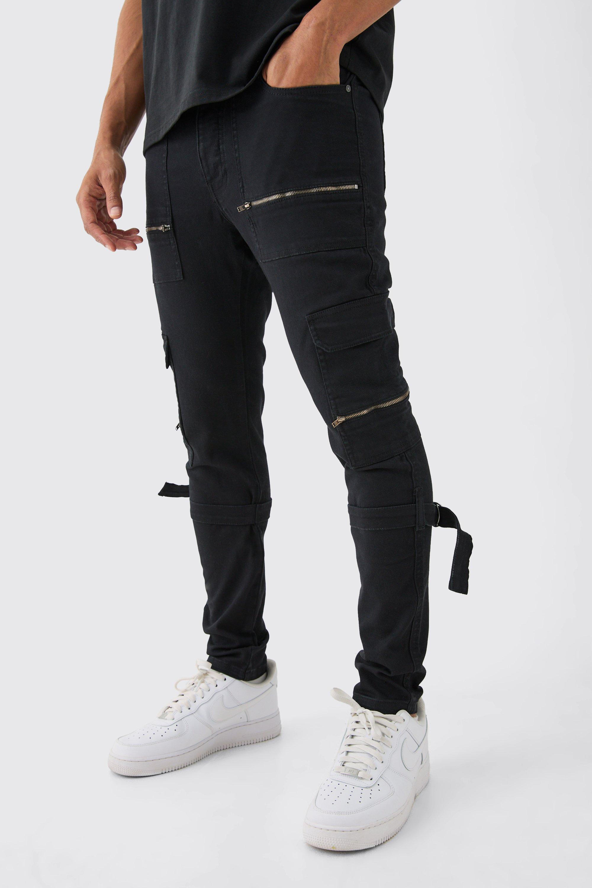 Boohoo Skinny Stretch Zip Multi Strap Cargo Trouser, Black