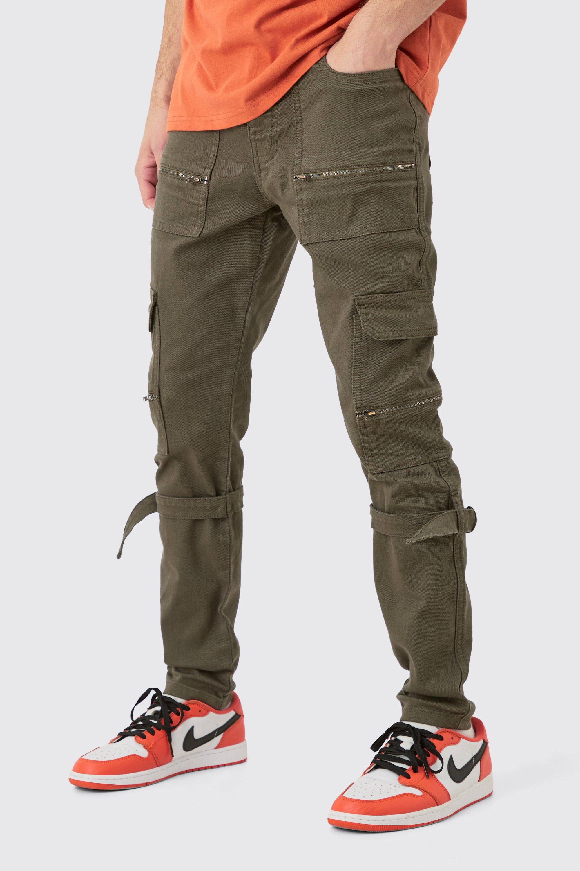 Boohoo Skinny Stretch Zip Multi Strap Cargo Trouser, Khaki