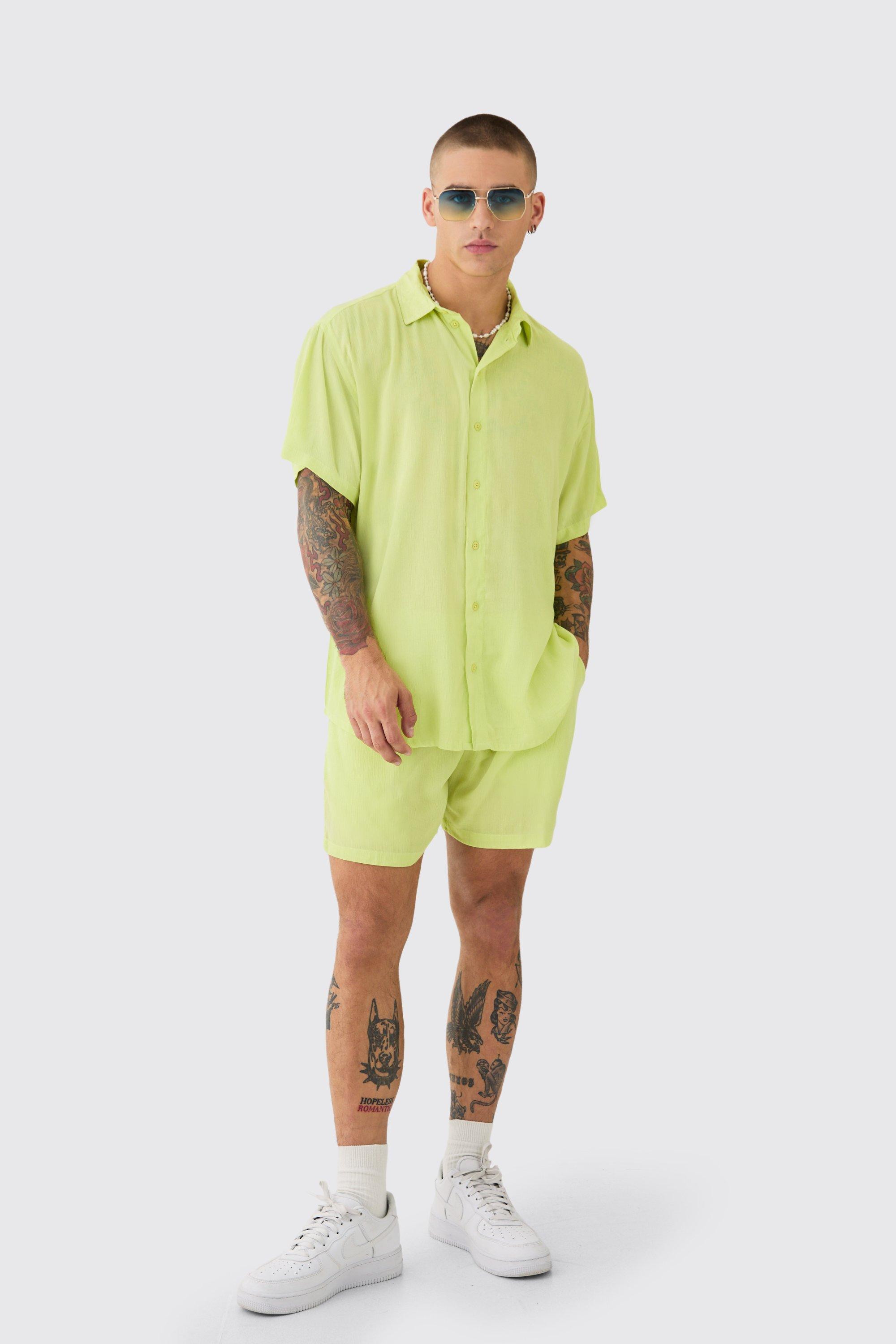 Image of Oversized Short Sleeve Cheese Cloth Shirt And Short Set, Verde