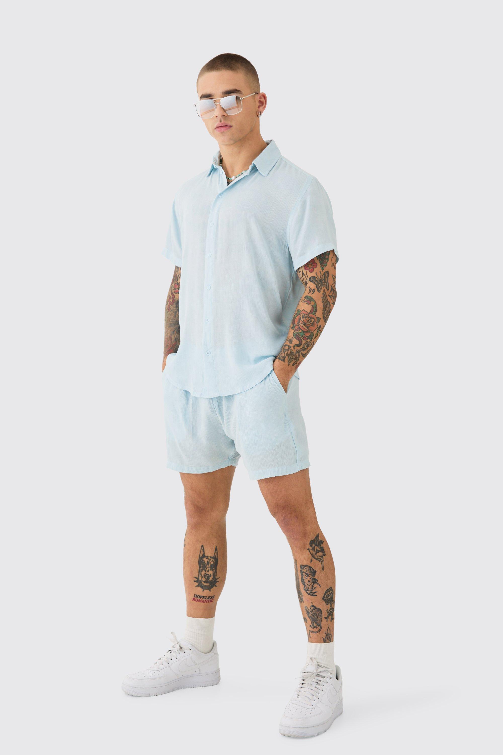 Image of Short Sleeve Cheese Cloth Shirt And Short Set, Azzurro
