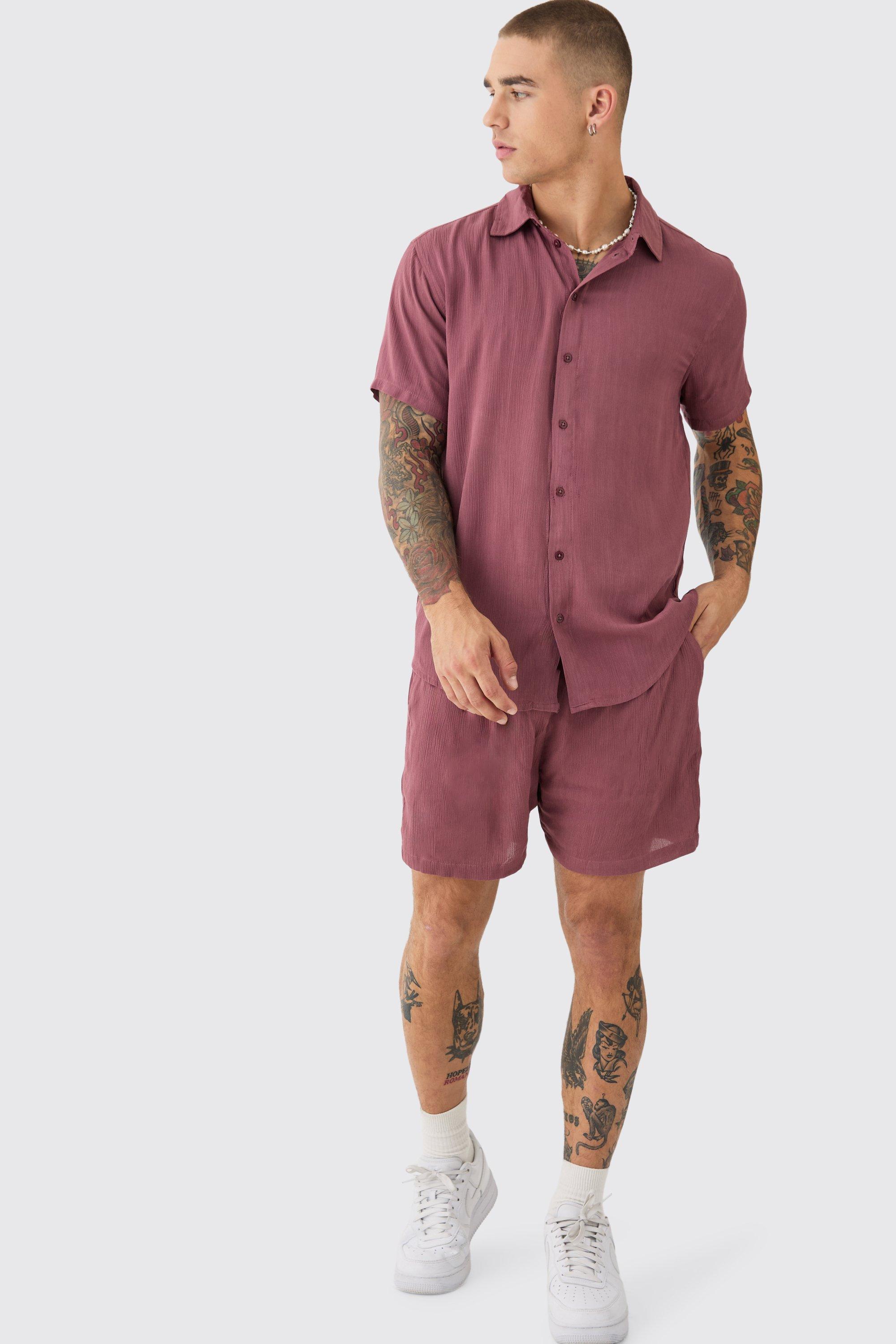 Image of Short Sleeve Cheese Cloth Shirt And Short Set, Purple