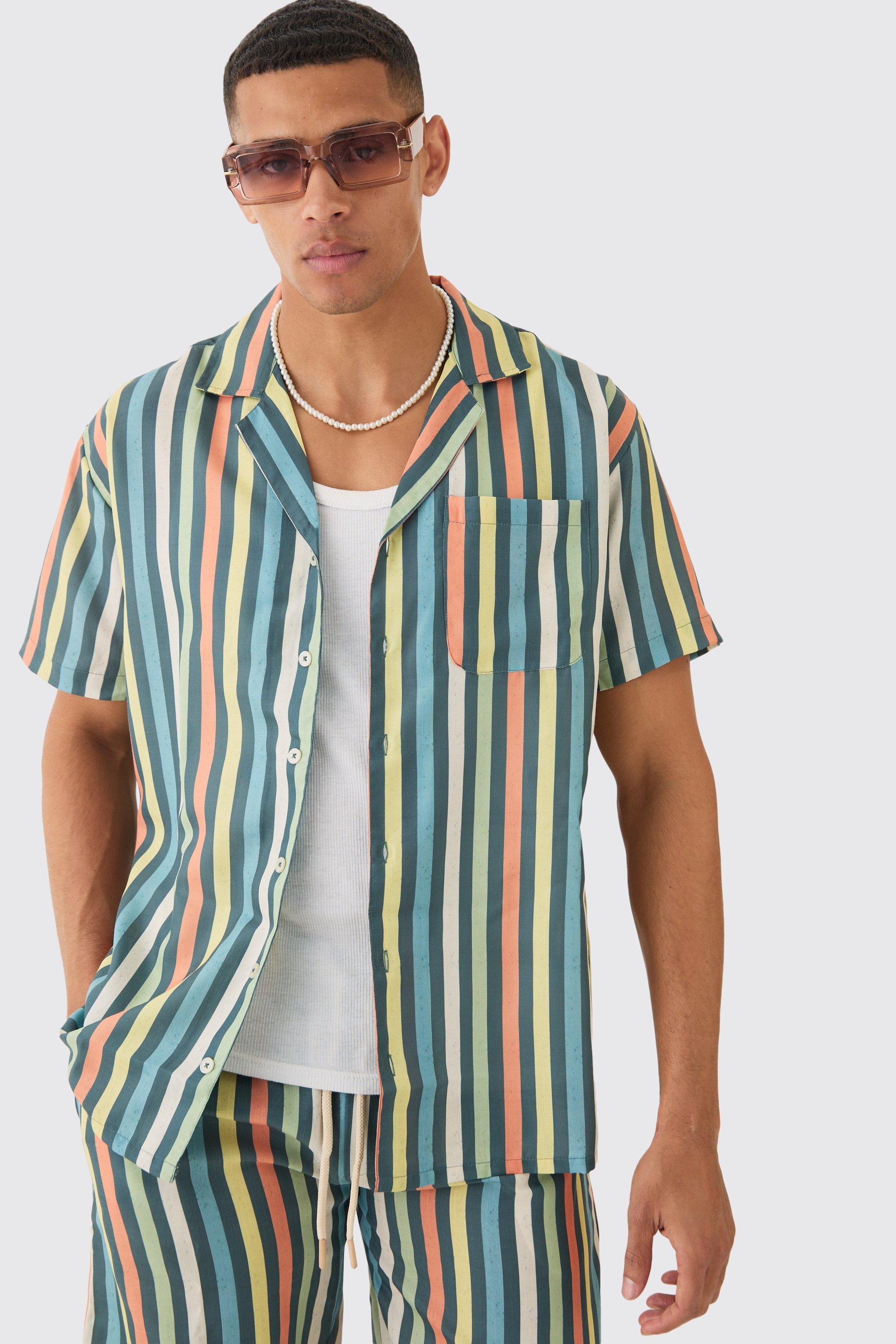 Image of Short Sleeve Oversized Revere Stripe Shirt, Multi