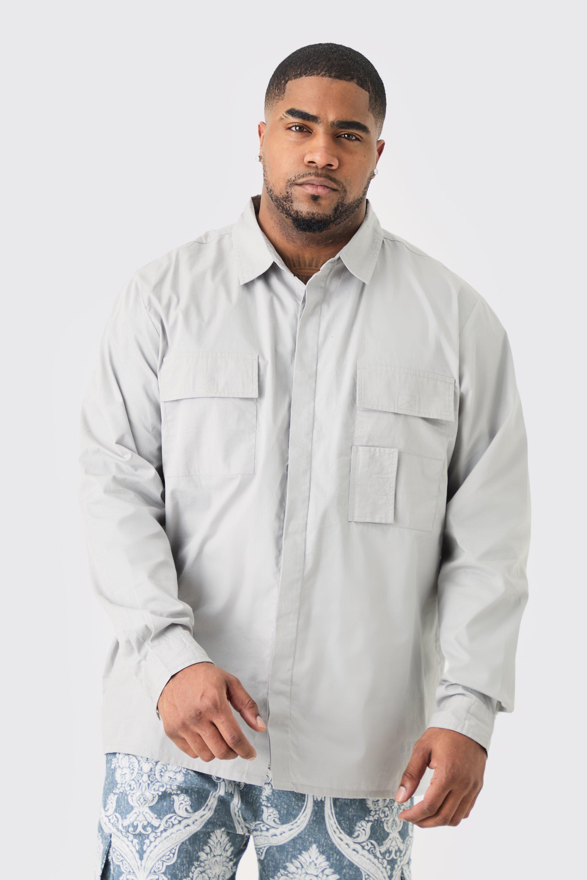 Mens Grey Plus Longsleeve Poplin Utility Layered Shirt, Grey