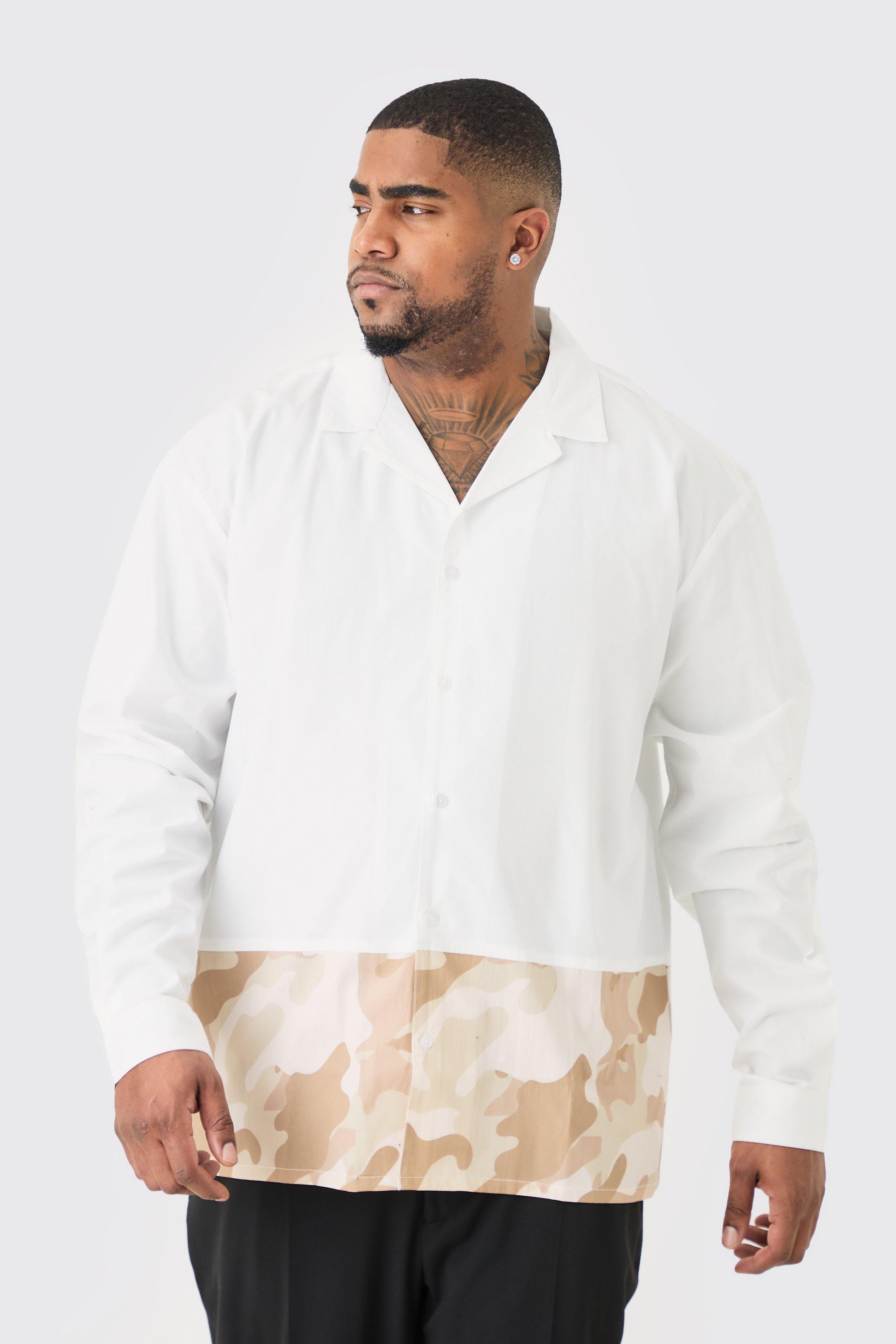 Image of Plus Longsleeve Drop Revere Poplin Camouflage Print Shirt, Bianco