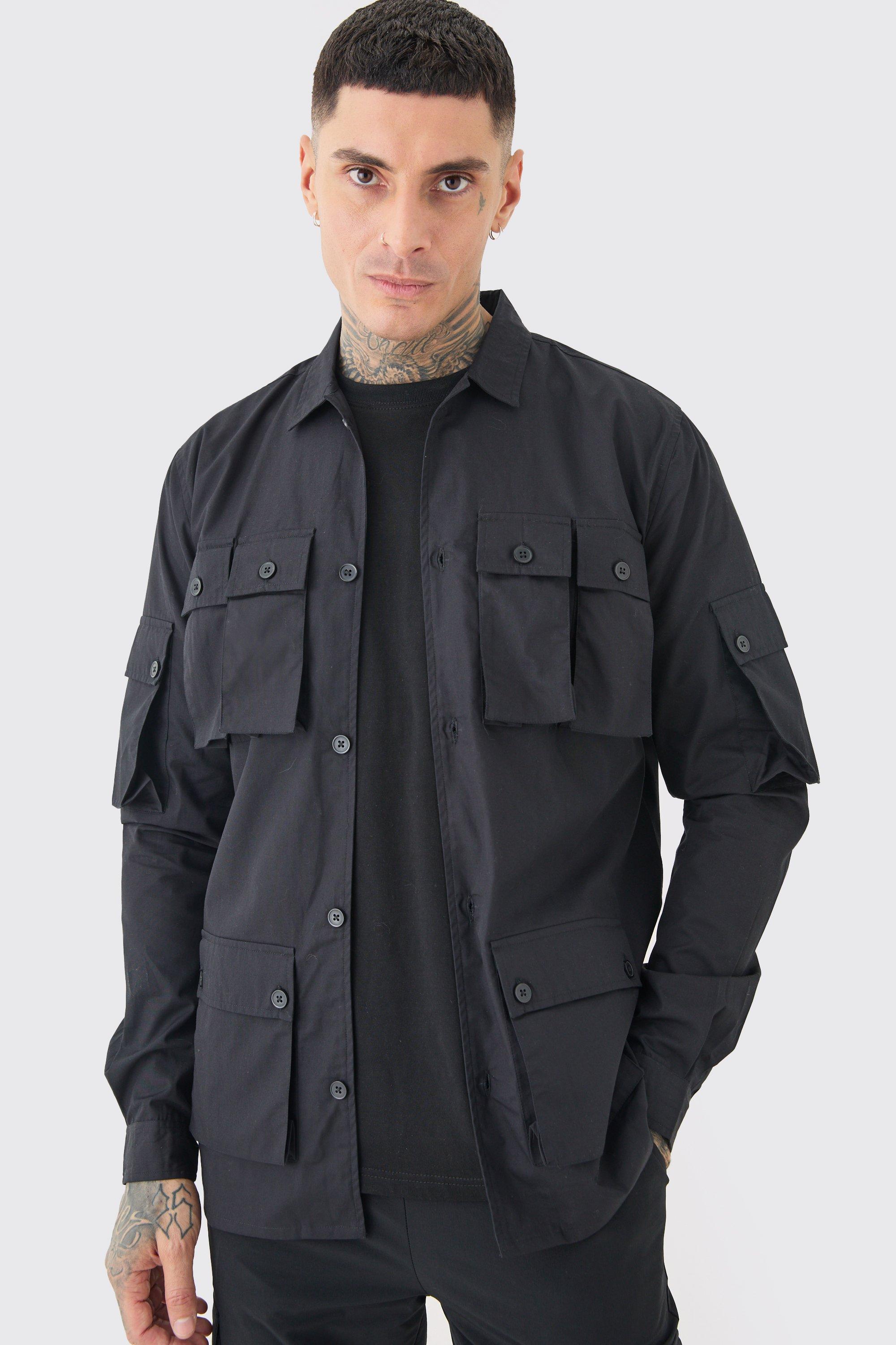 Mens Black Tall Longsleeve Poplin Utility Pocket Shirt, Black