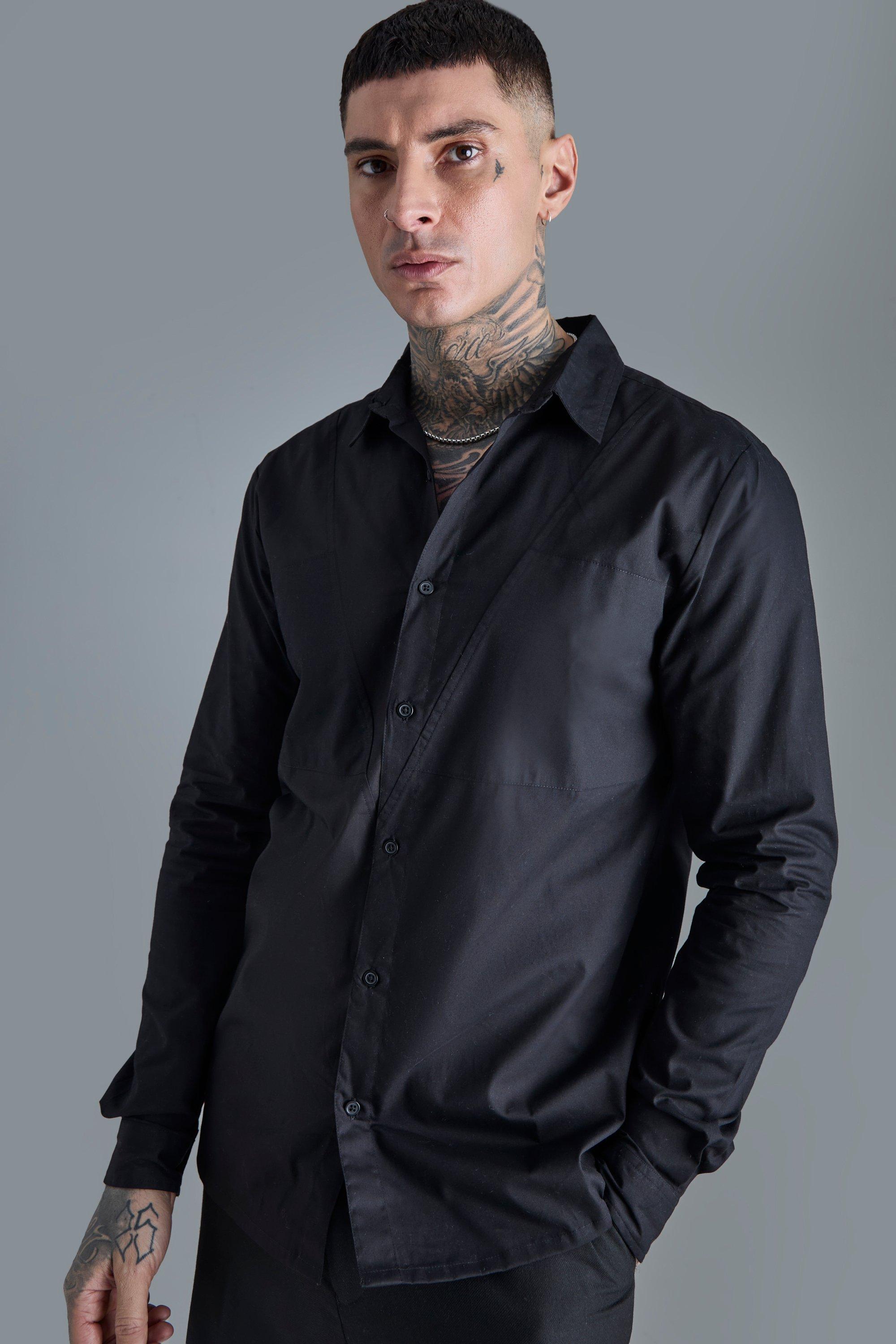 Mens Black Tall Longsleeve Drop Revere Poplin Panel Shirt, Black