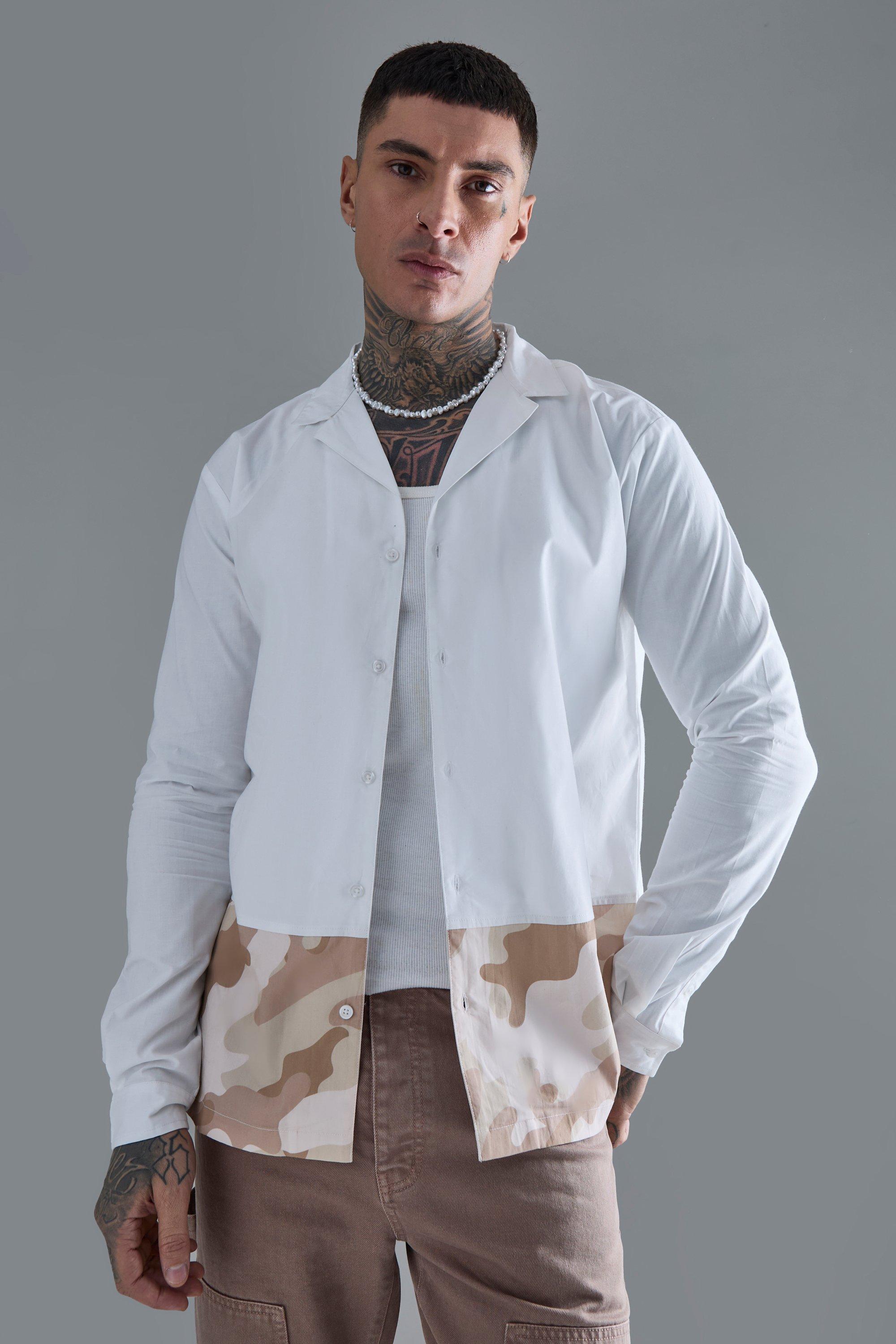 Image of Tall Longsleeve Drop Revere Poplin Camouflage Print Shirt, Bianco