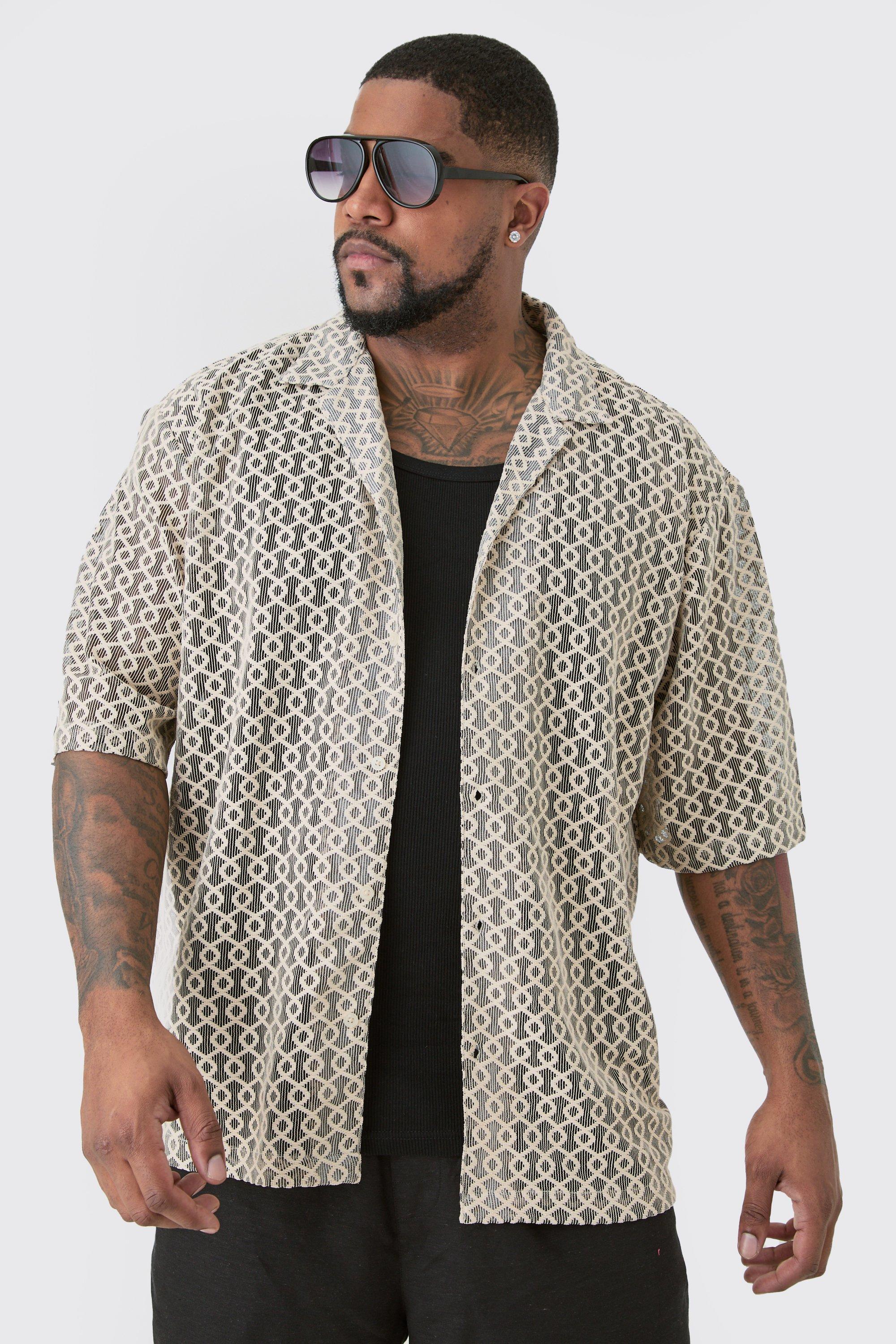 Mens Beige Plus Short Sleeve Drop Revere Abstract Open Weave Shirt, Beige