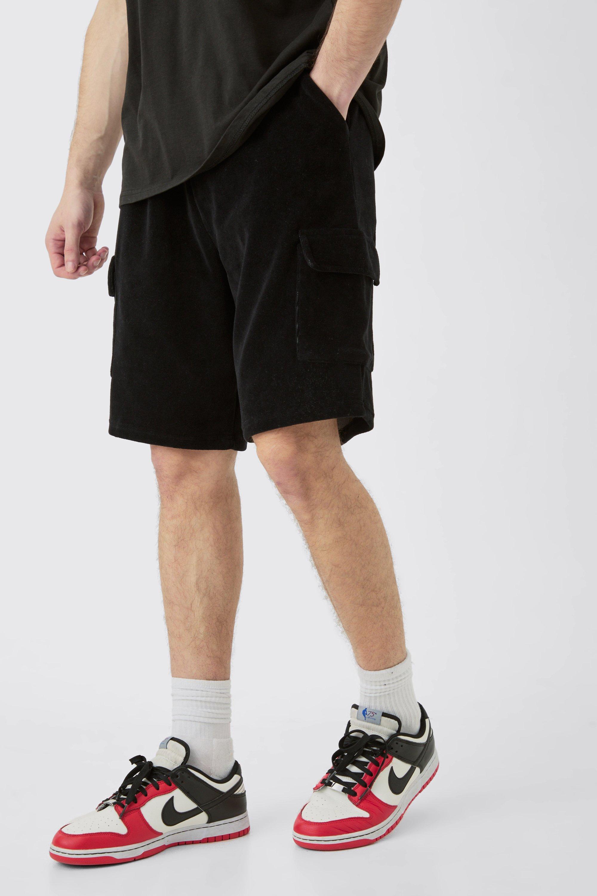 Mens Black Tall Elasticated Waist Velour Cargo Shorts, Black