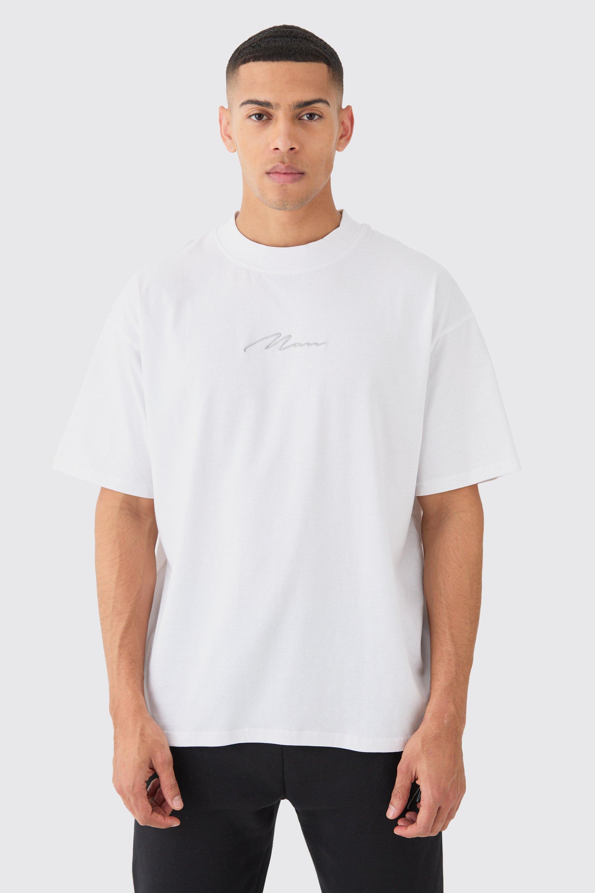 Image of Man Signature Oversized Basic Extended Neck T-shirt, Bianco