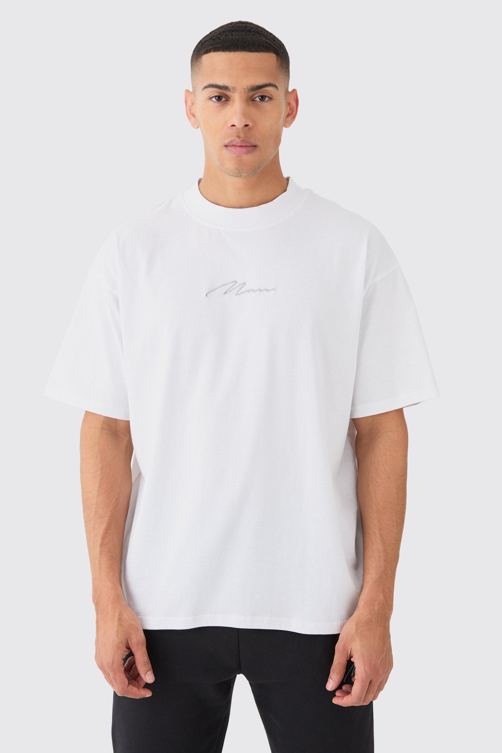 Mens White Man Signature Oversized Basic Extended Neck T-shirt, White