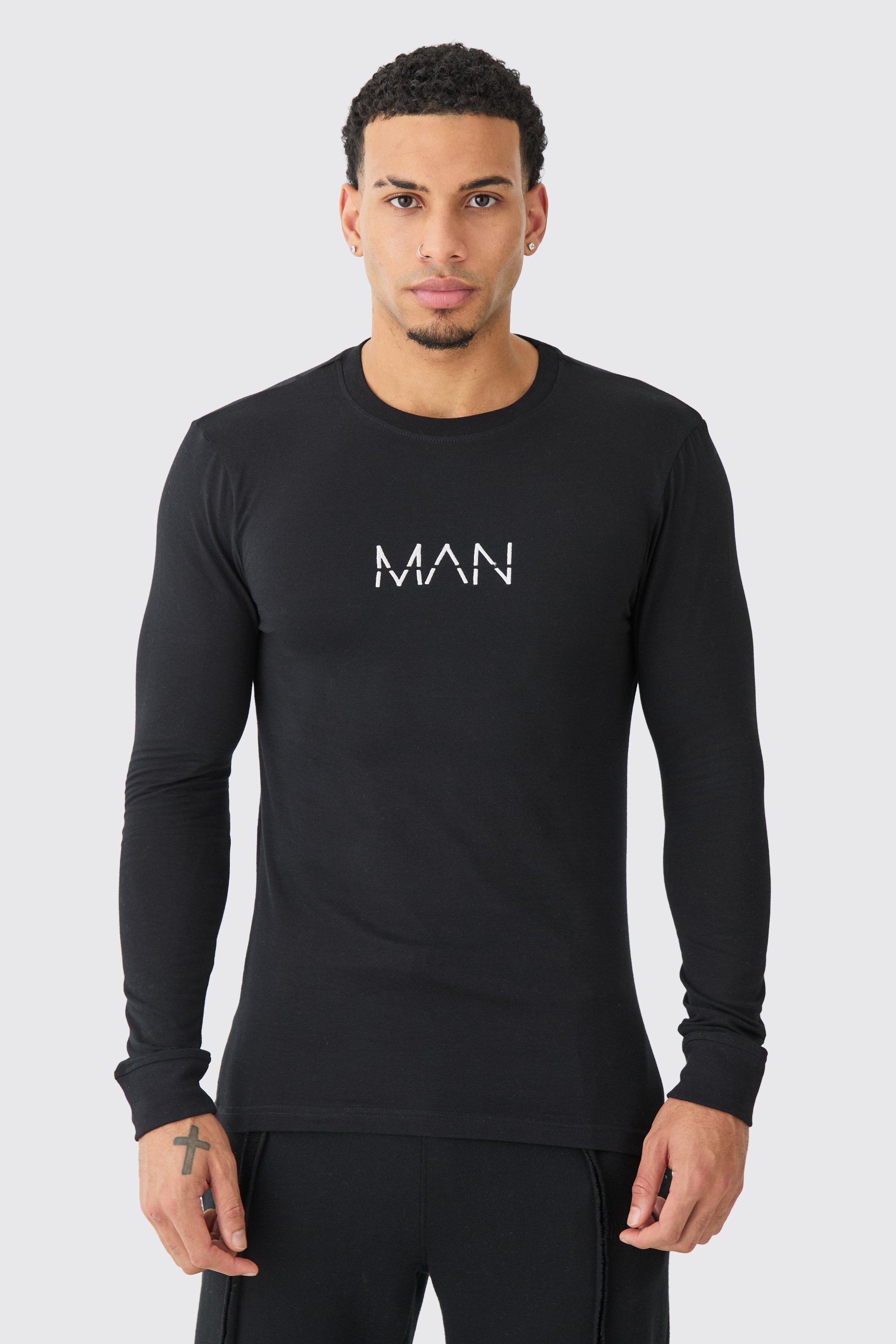 Mens Black Man Dash Muscle Fit Long Sleeve T-shirt, Black