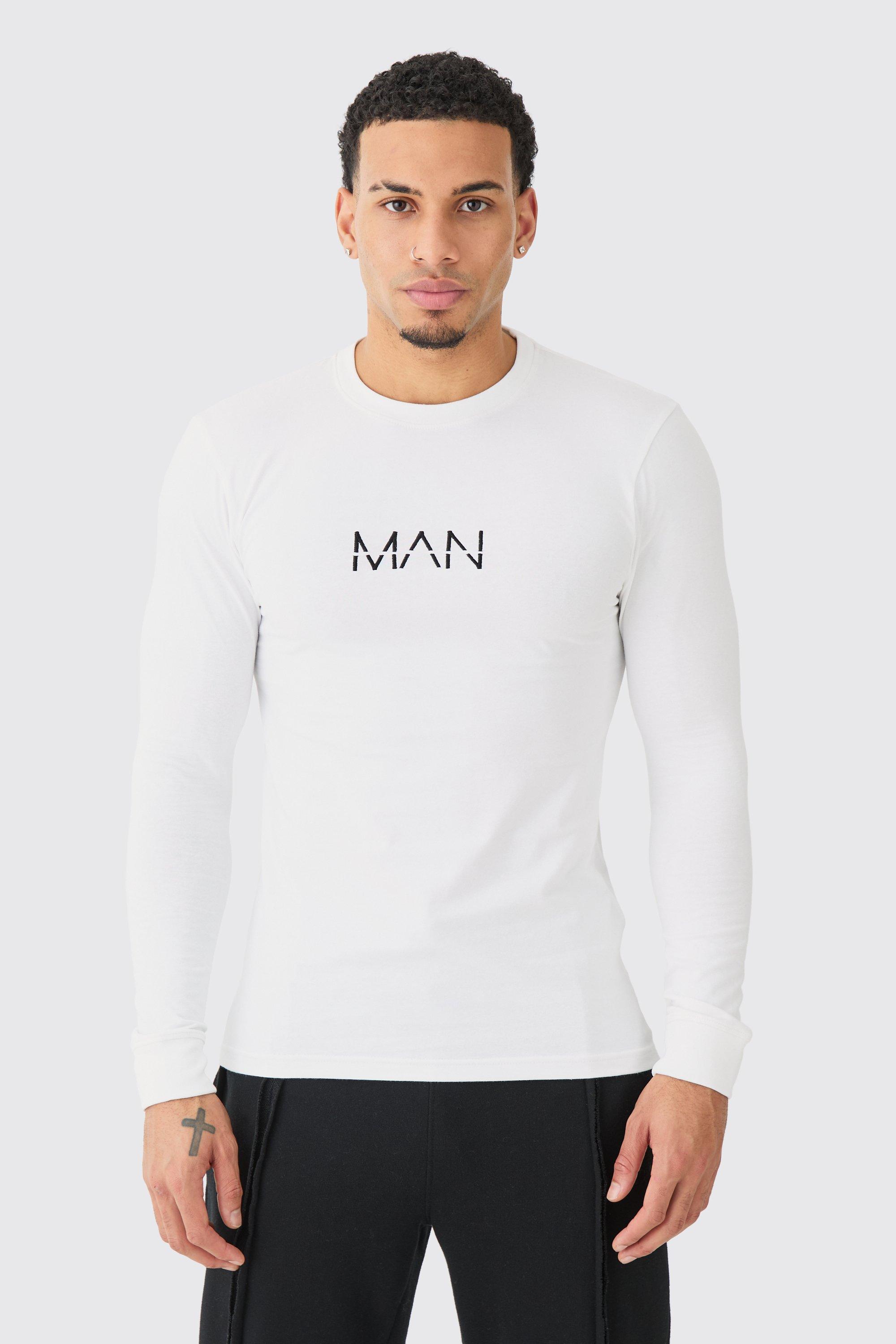 Mens White Man Dash Muscle Fit Long Sleeve T-shirt, White