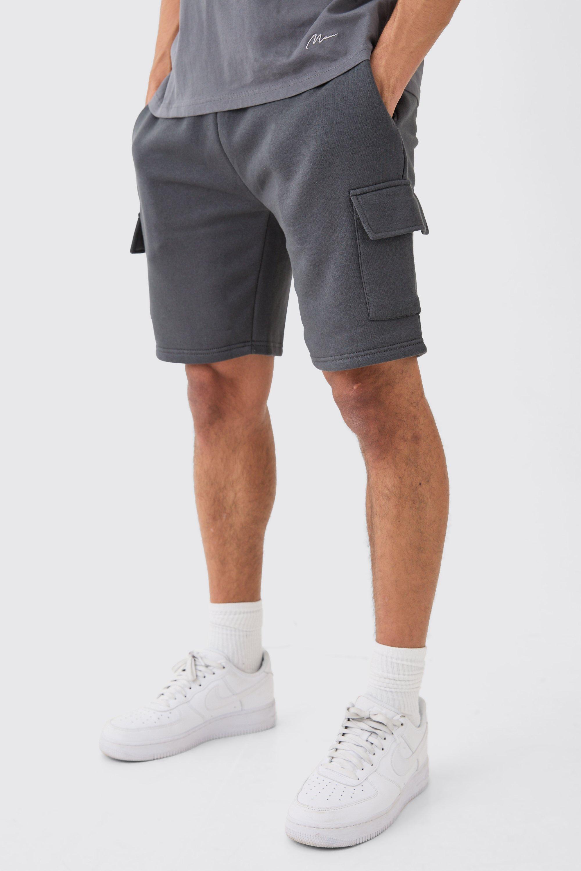 Mens Grey Loose Fit Mid Length Cargo Short, Grey