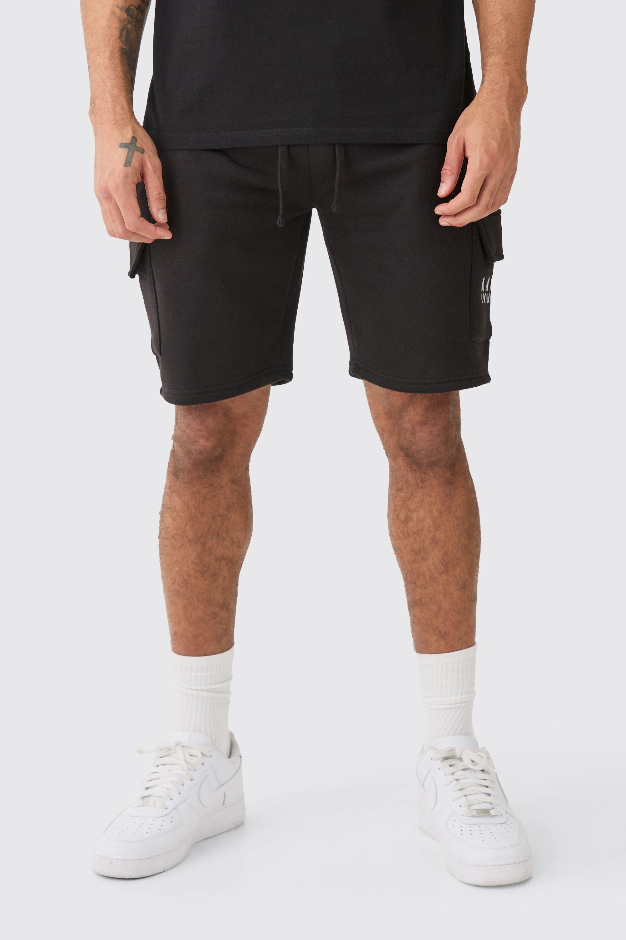 Mens Black Man Dash Loose Fit Mid Length Cargo Short, Black