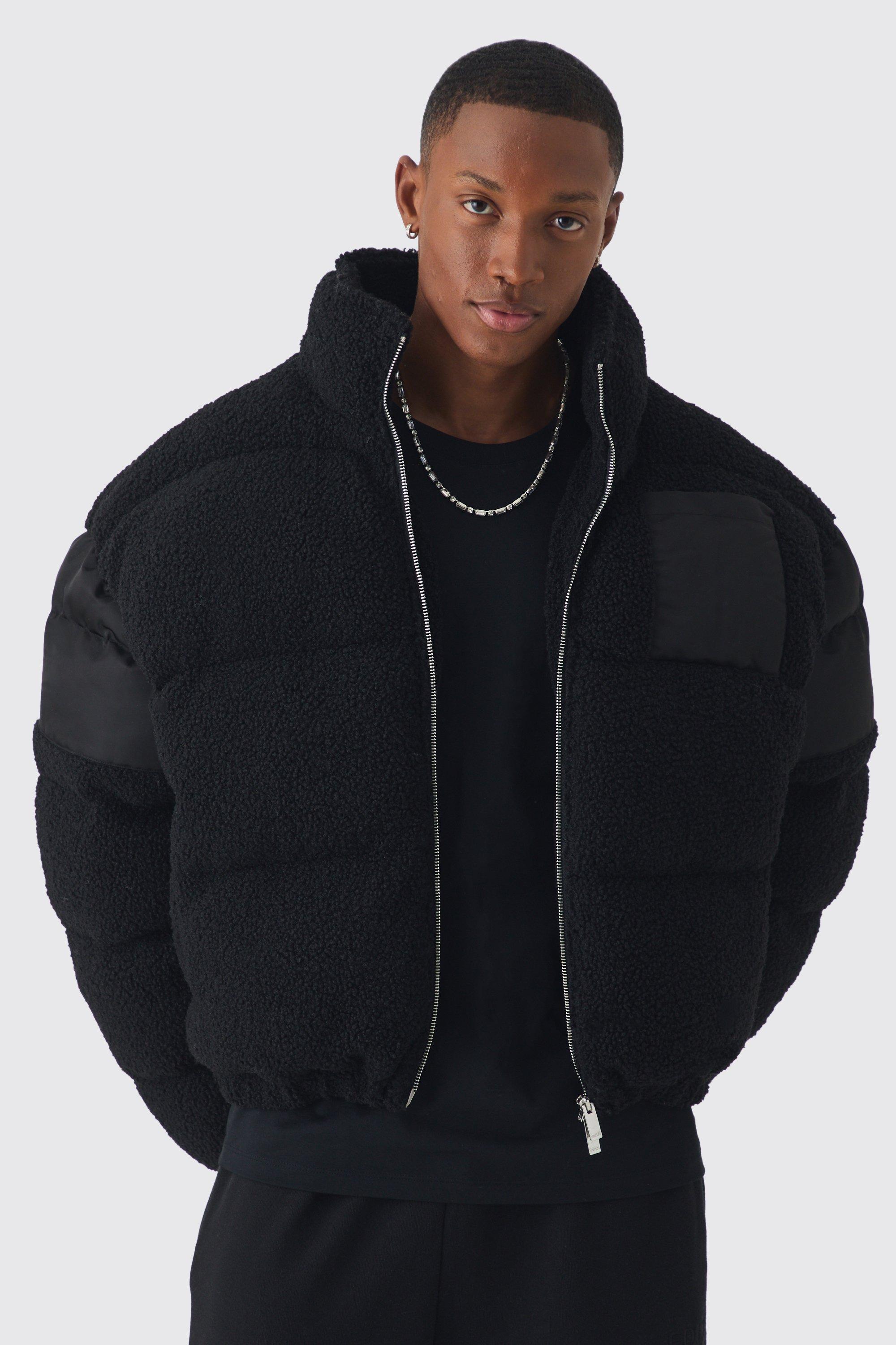 Mens Borg & Nylon Funnel Neck Puffer In Black, Black
