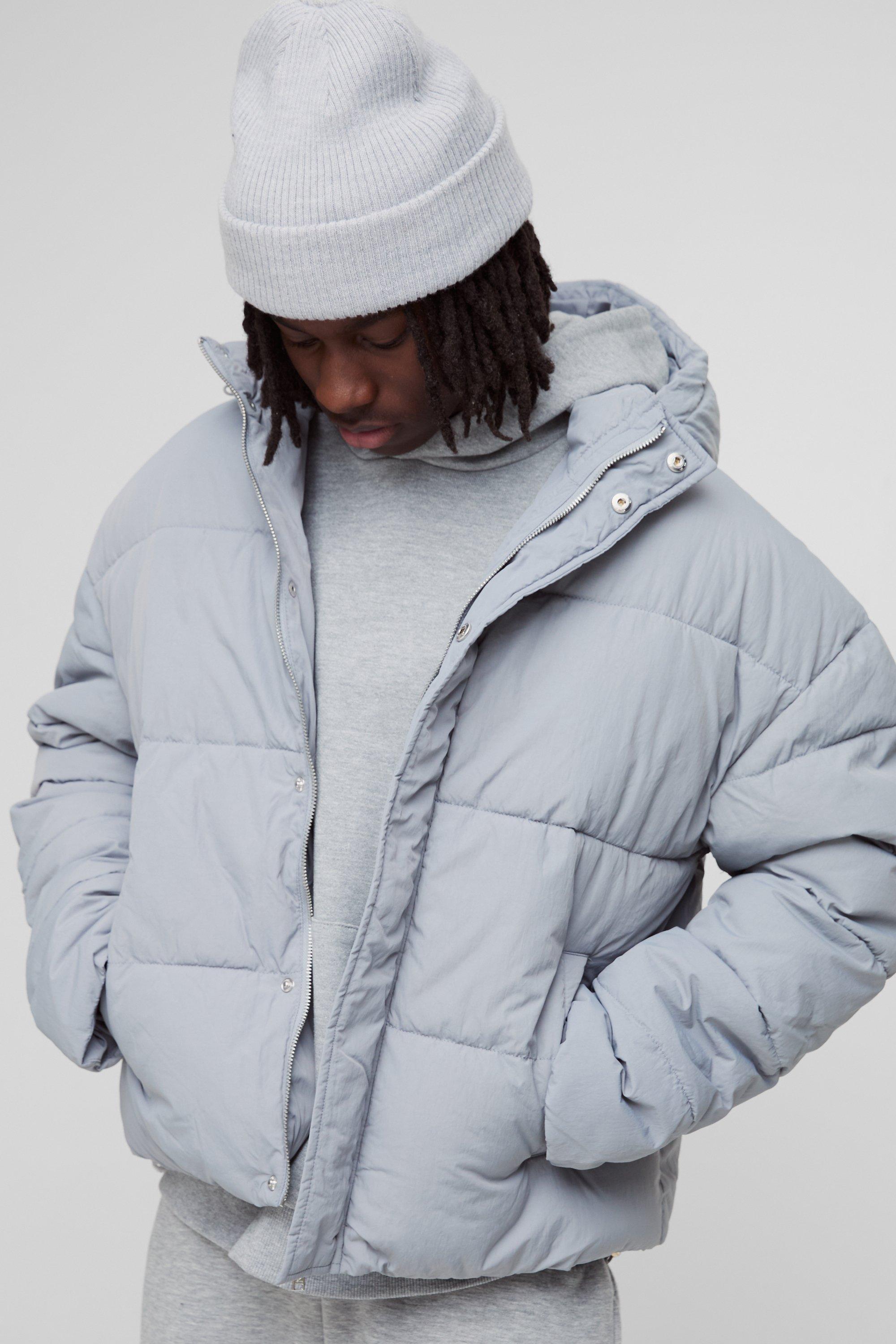 Mens Boxy Crinkle Nylon Puffer In Light Grey, Grey