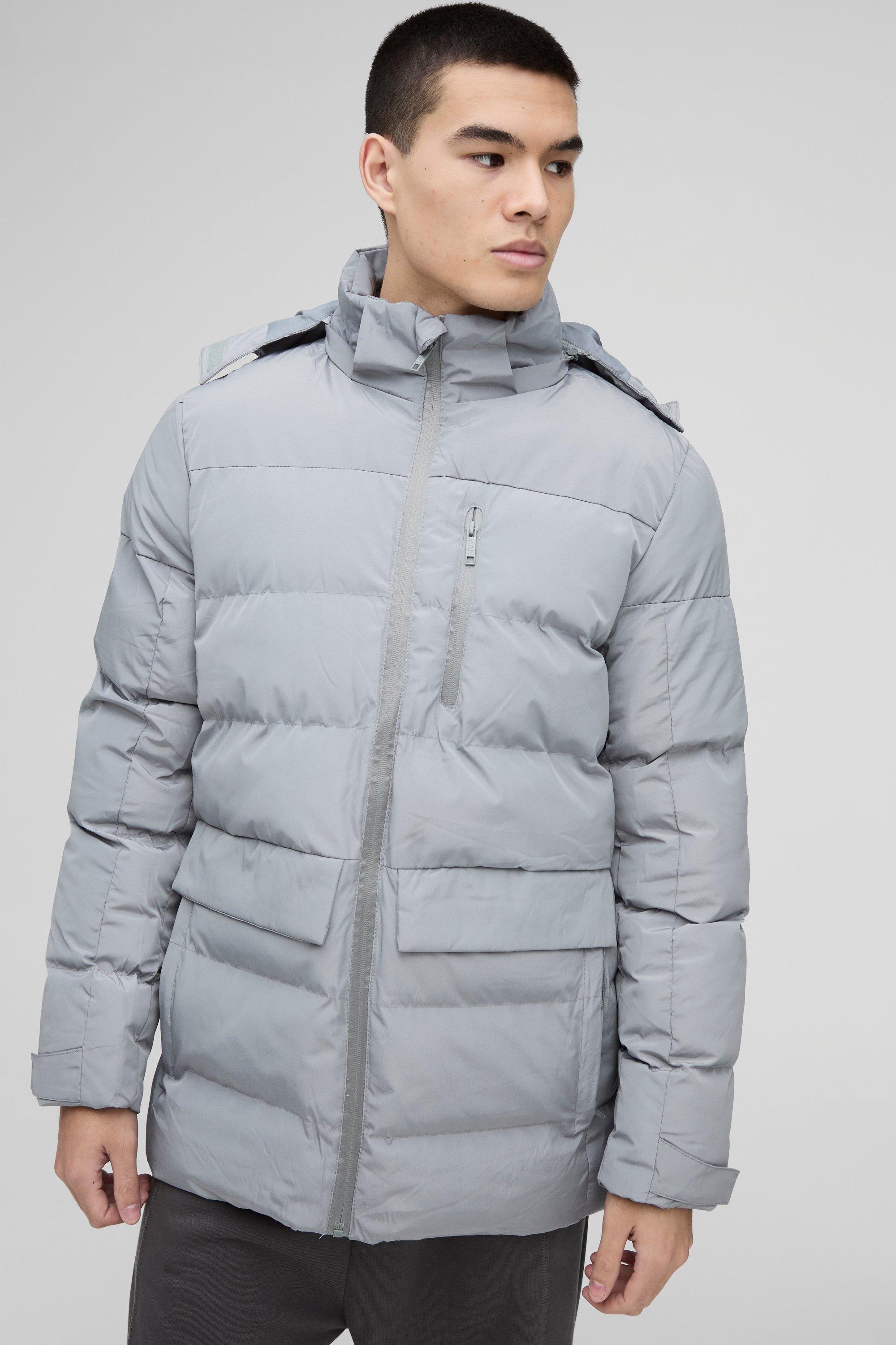 Mens Mid Length Hooded Puffer In Grey, Grey