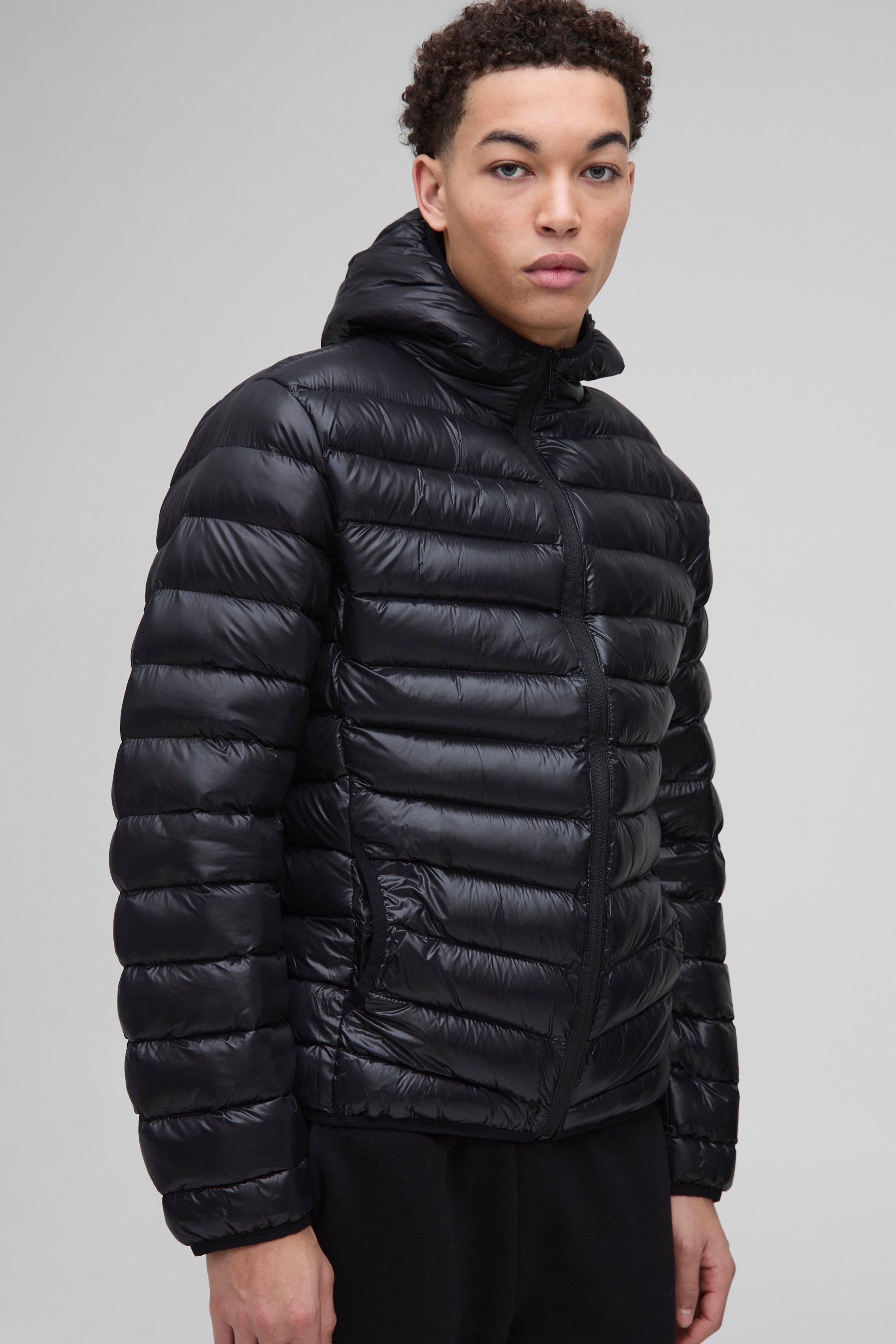 Mens High Shine Quilted Hooded Jacket In Black, Black