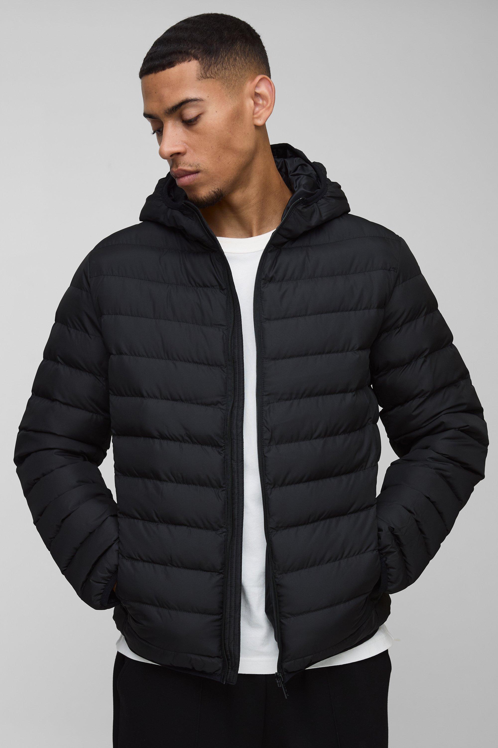 Mens Black Regular Fit Quilted Zip Through Hooded Jacket, Black