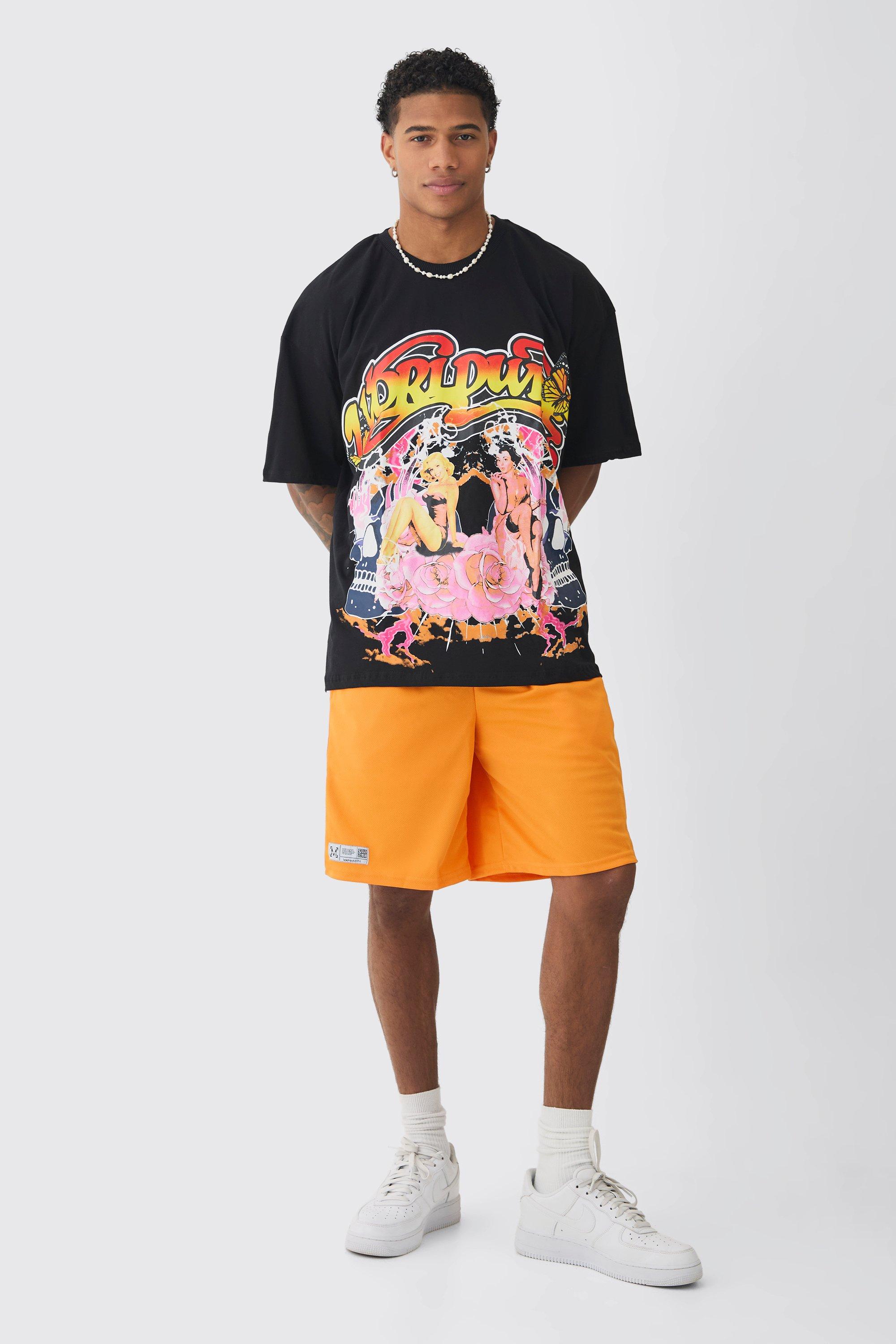 Mens Multi Oversized Graphic T-shirt & Mesh Short Set, Multi