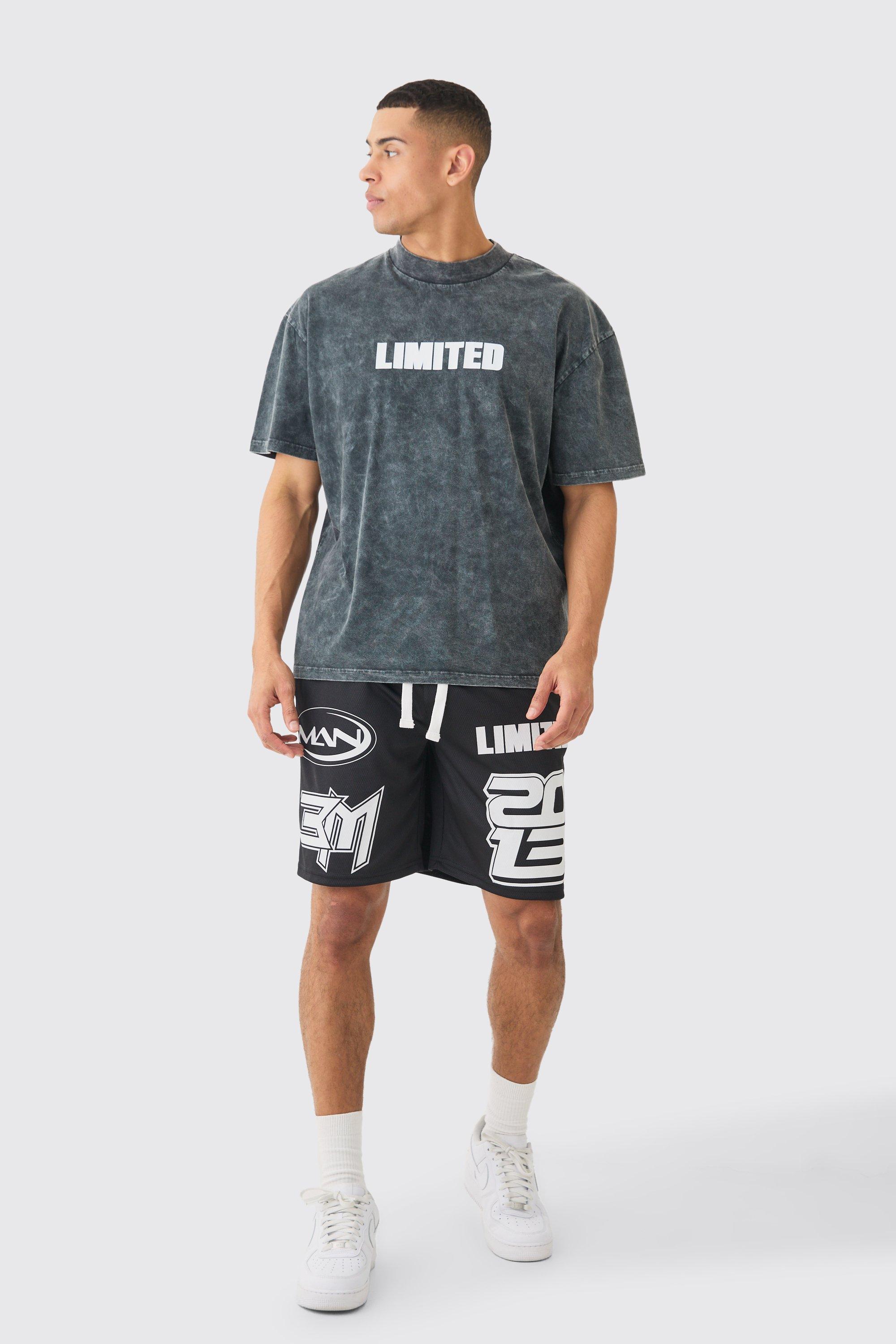 Image of Oversized Acid Wash Limited T-shirt & Mesh Basketball Shorts, Nero