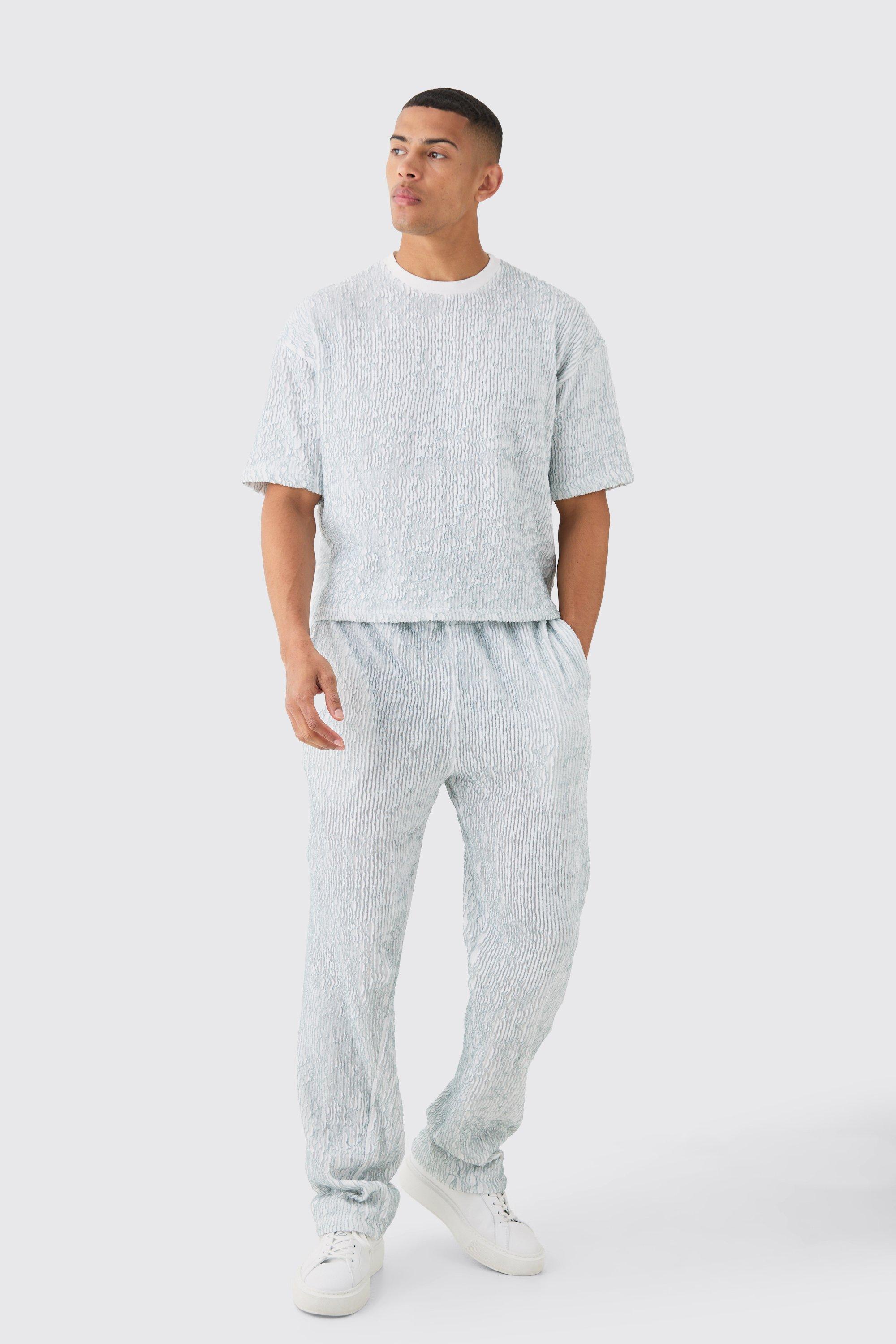 Mens Blue Two Tone Boxy Ripple Pleated T-shirt & Trouser, Blue