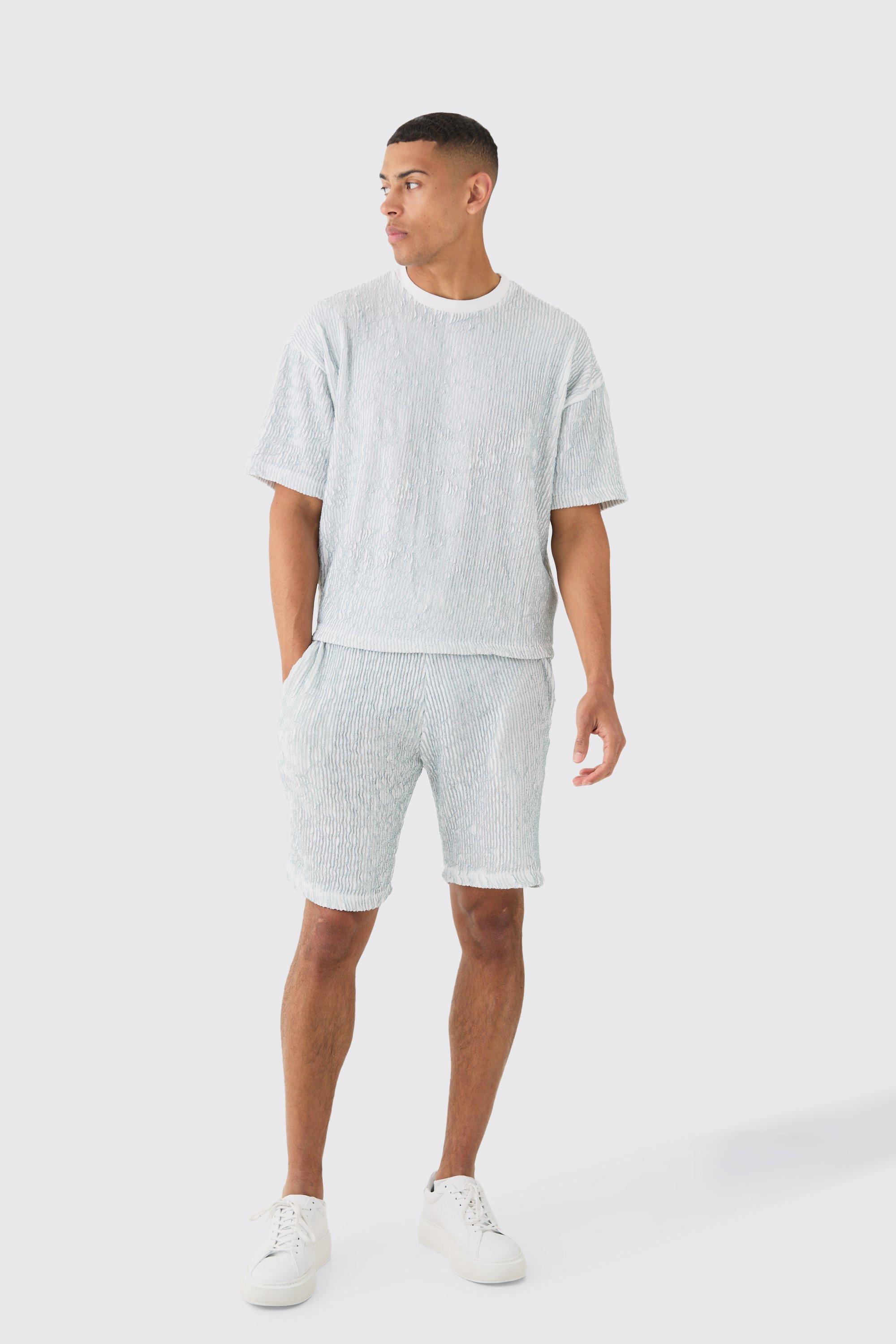 Image of Two Tone Boxy Ripple Pleated T-shirt And Short, Azzurro
