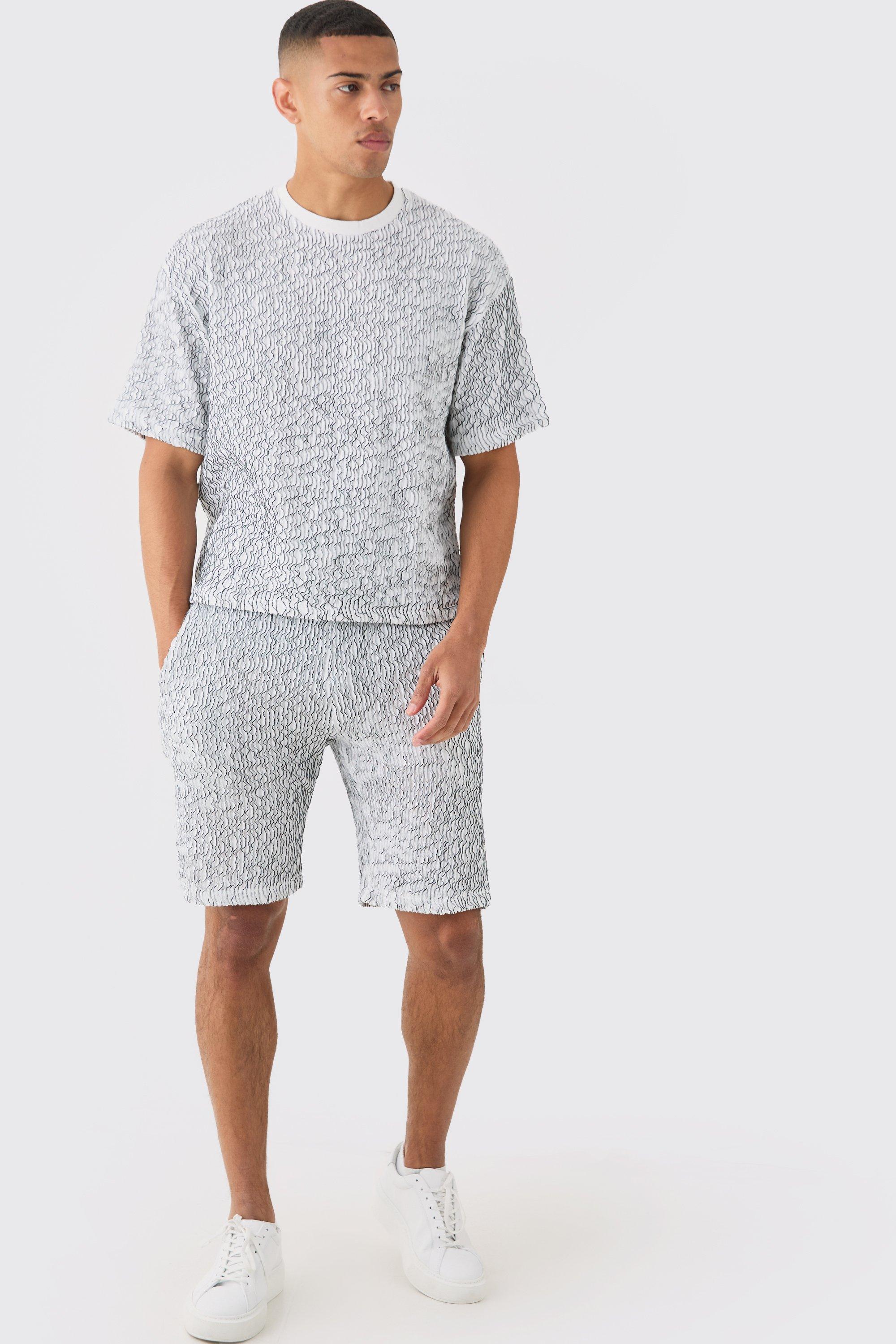 Image of Two Tone Boxy Ripple Pleated T-shirt And Short, Nero