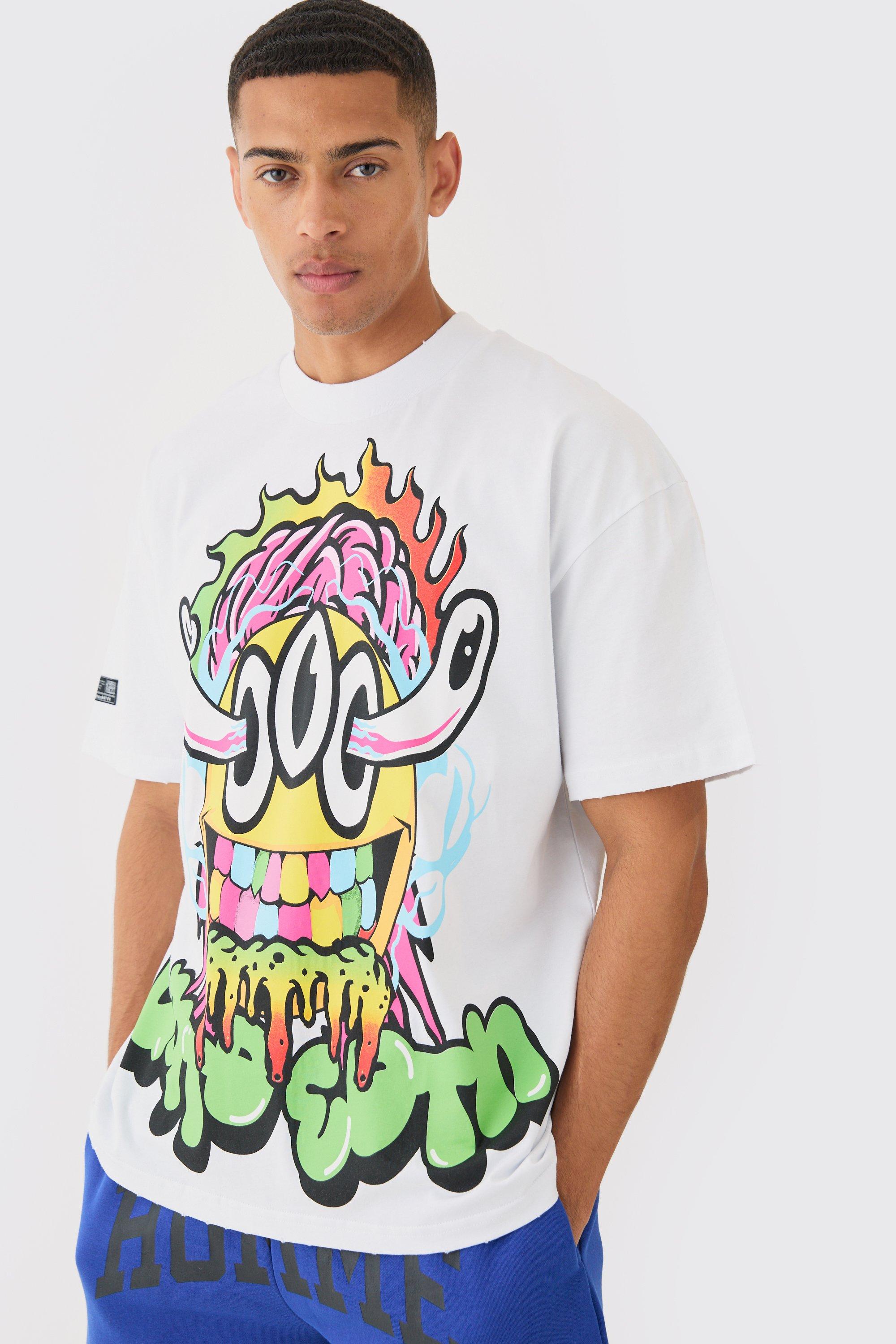 Image of Oversized Nibbled Face Graphic T-shirt, Bianco