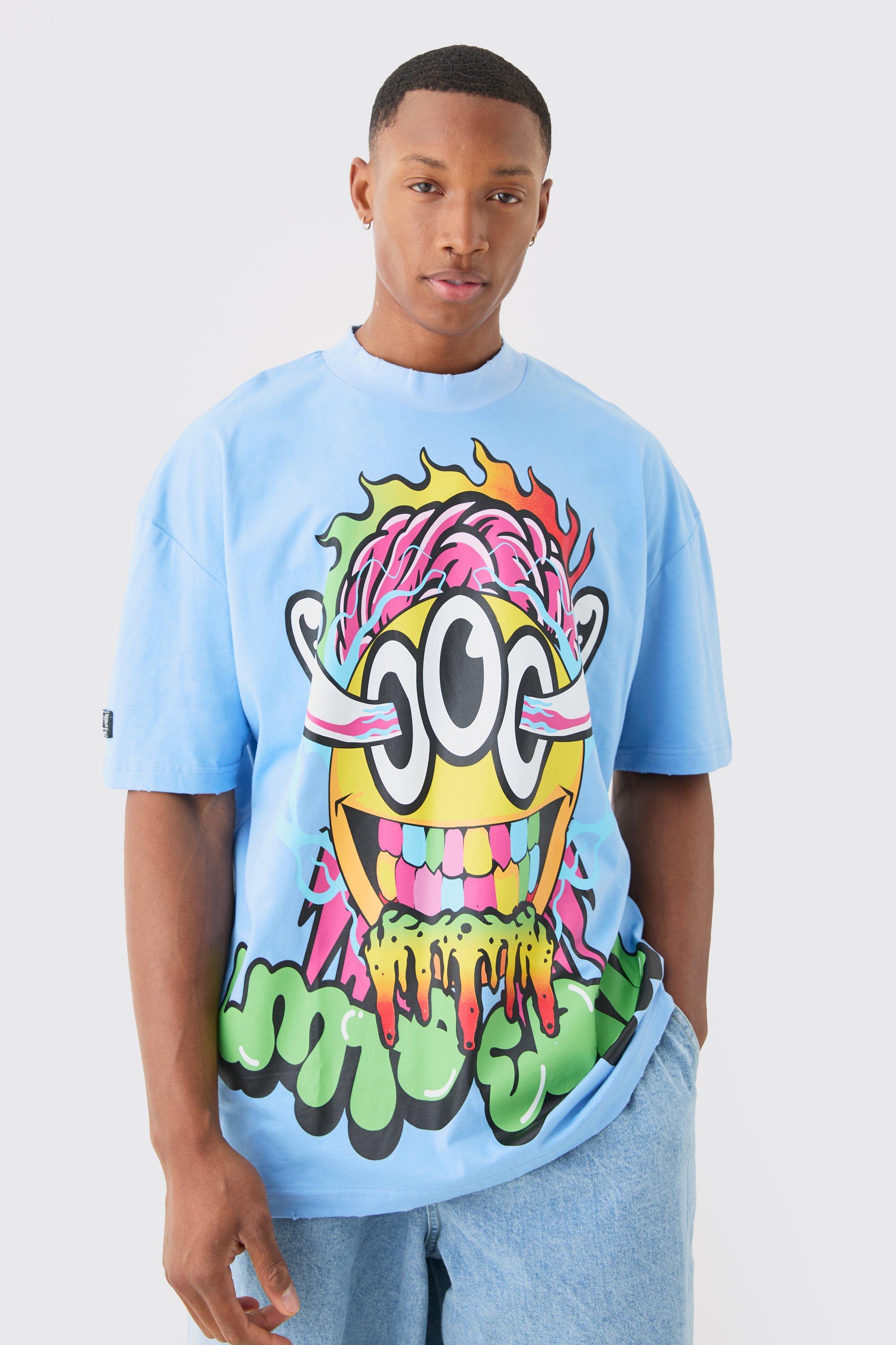 Image of Oversized Nibbled Face Graphic T-shirt, Azzurro