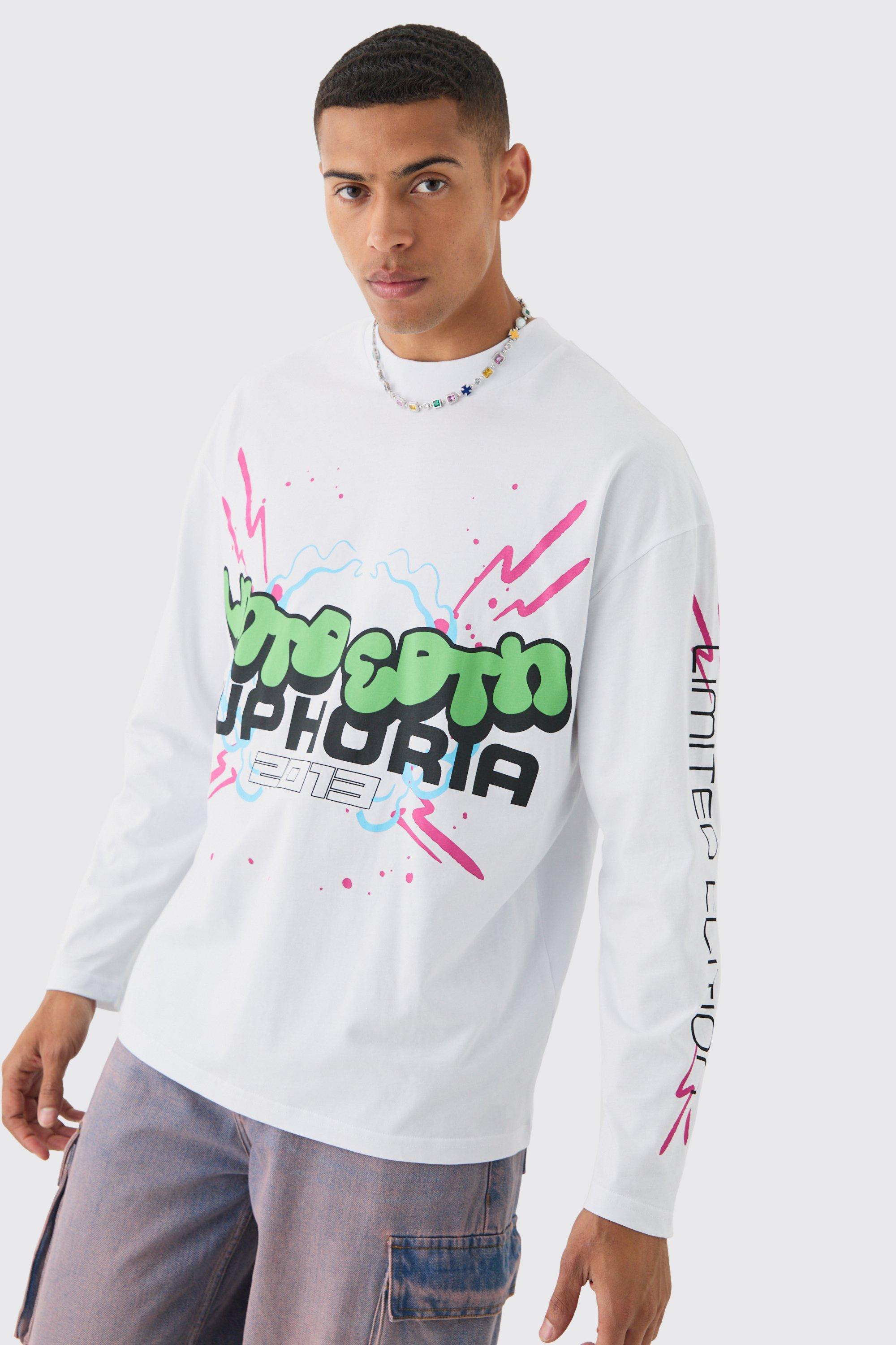 Mens White Long Sleeve Euphoria Graphic T-shirt, White