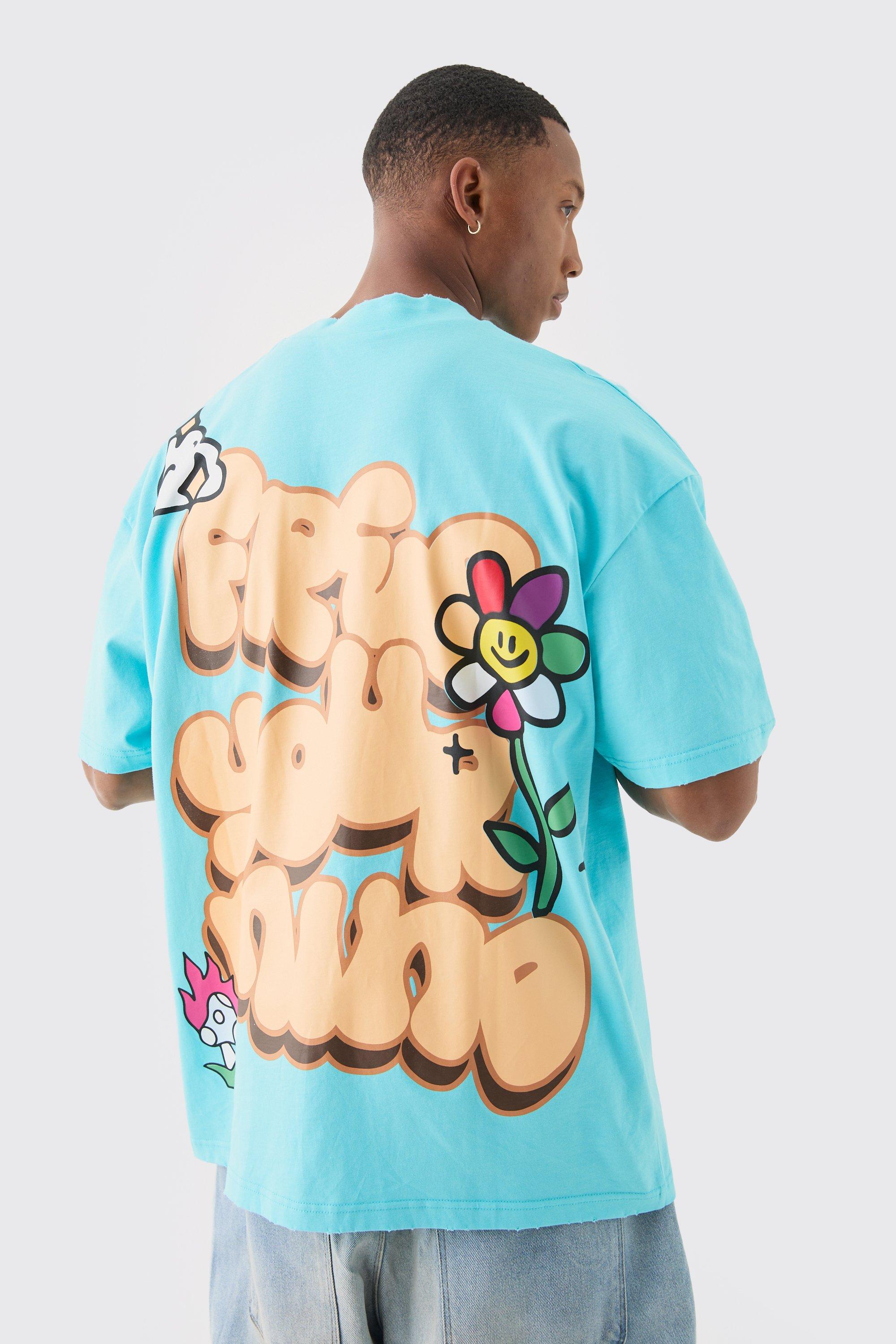Image of Oversized Flower Puff Print Distressed T-shirt, Azzurro