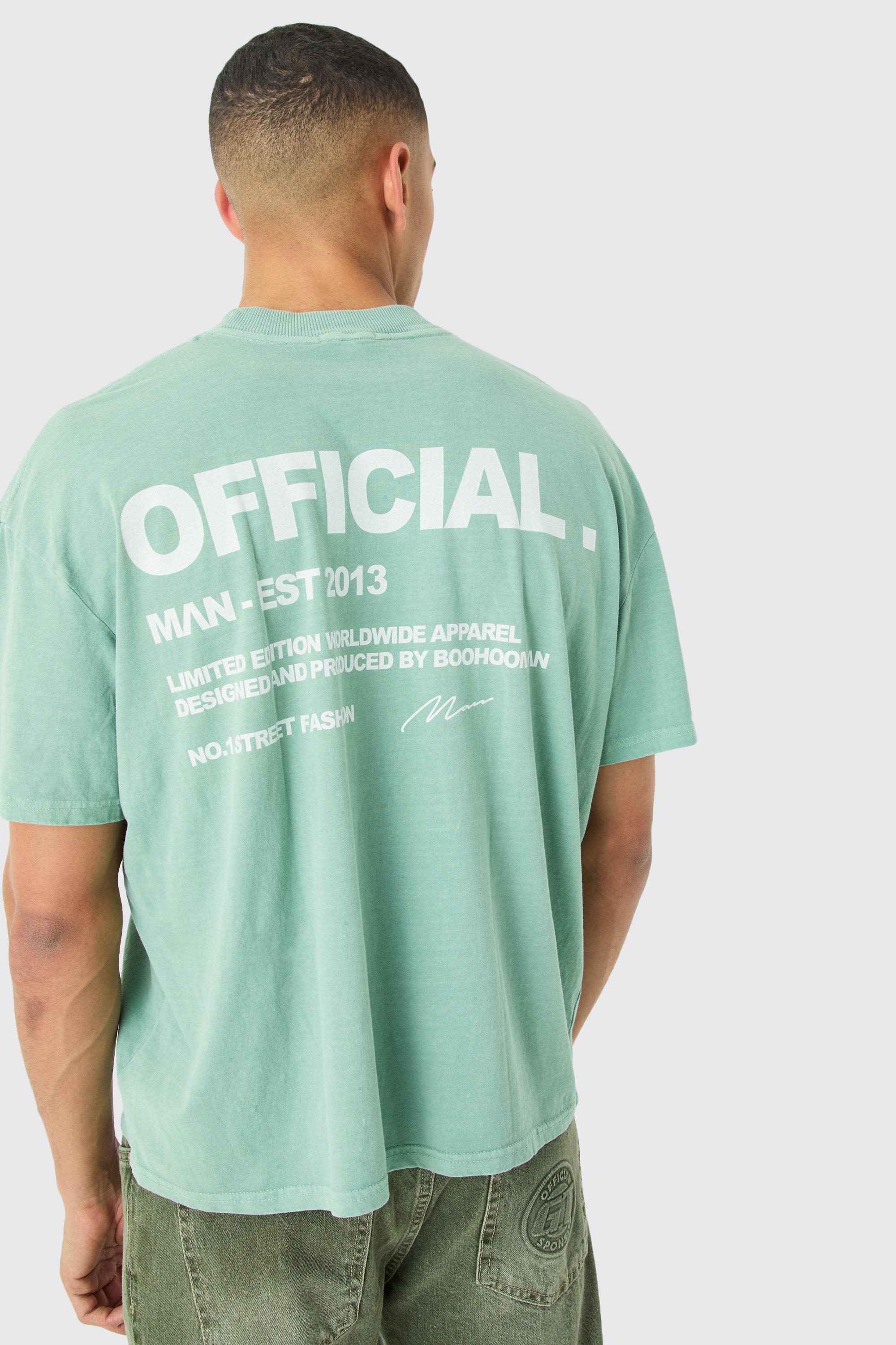 Image of T-shirt squadrata oversize slavata con grafica Official, Verde