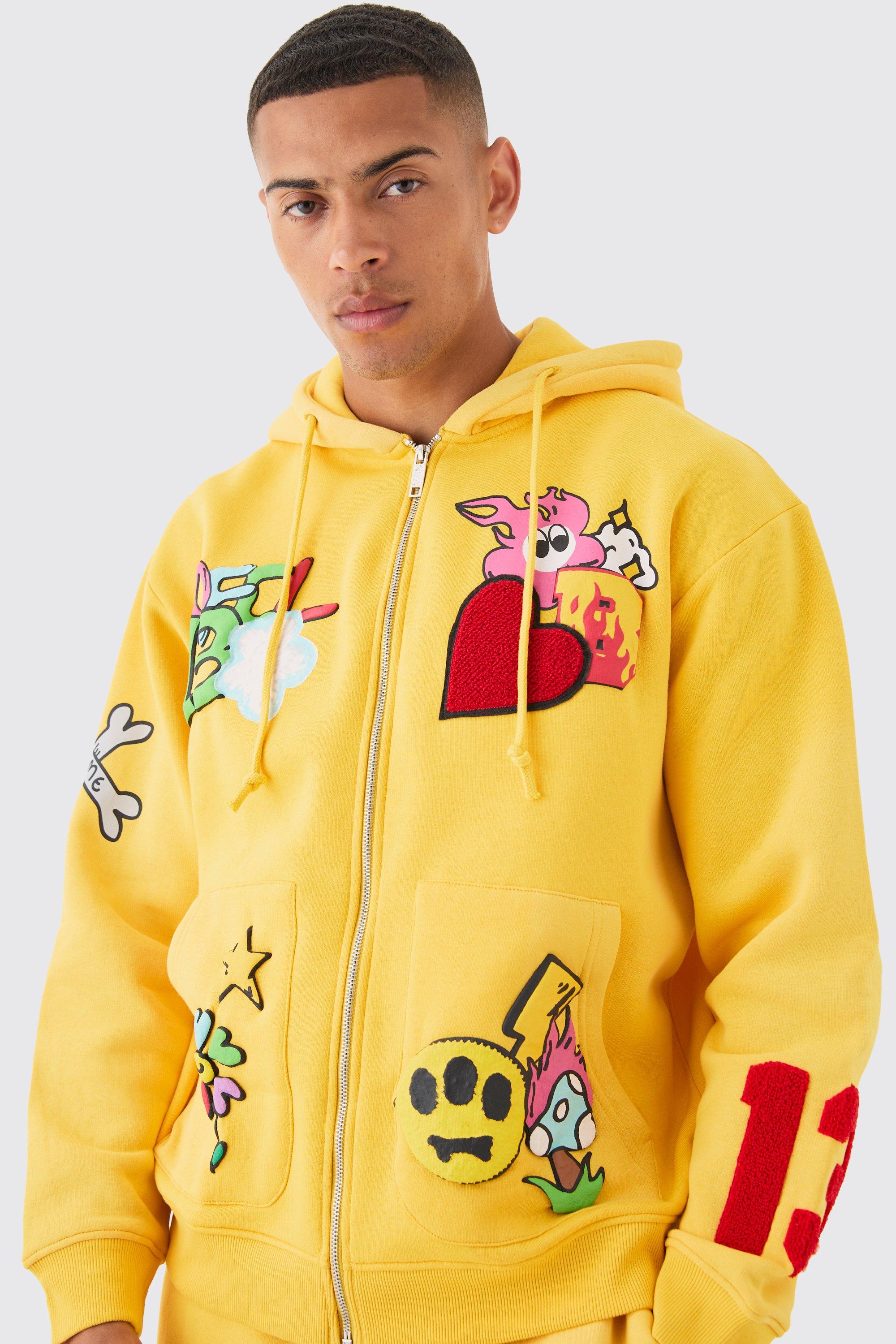 Image of Oversized Zip Through Embroidered Spray Hoodie, Giallo