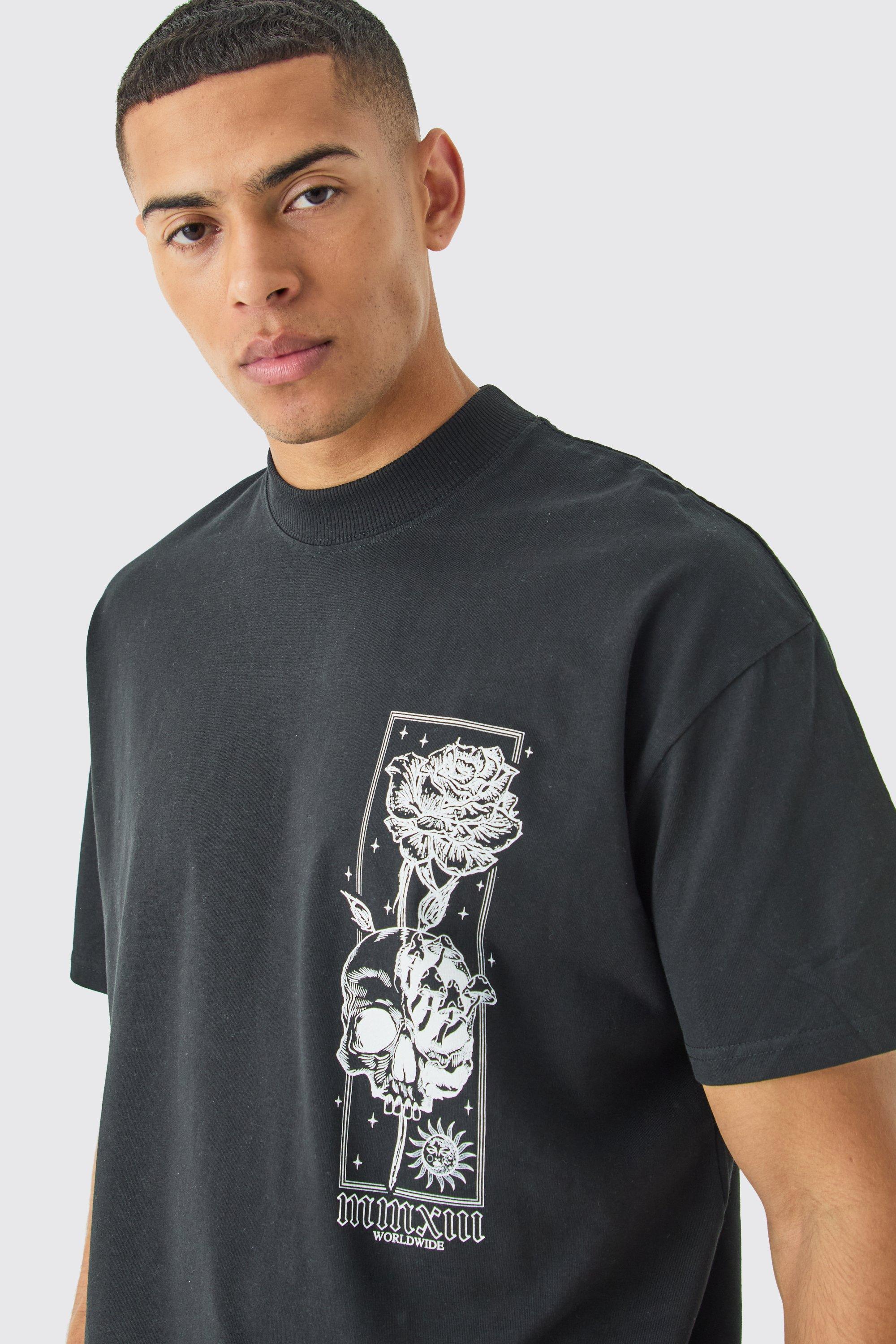 Mens Black Oversized Stencil Graphic T-shirt, Black