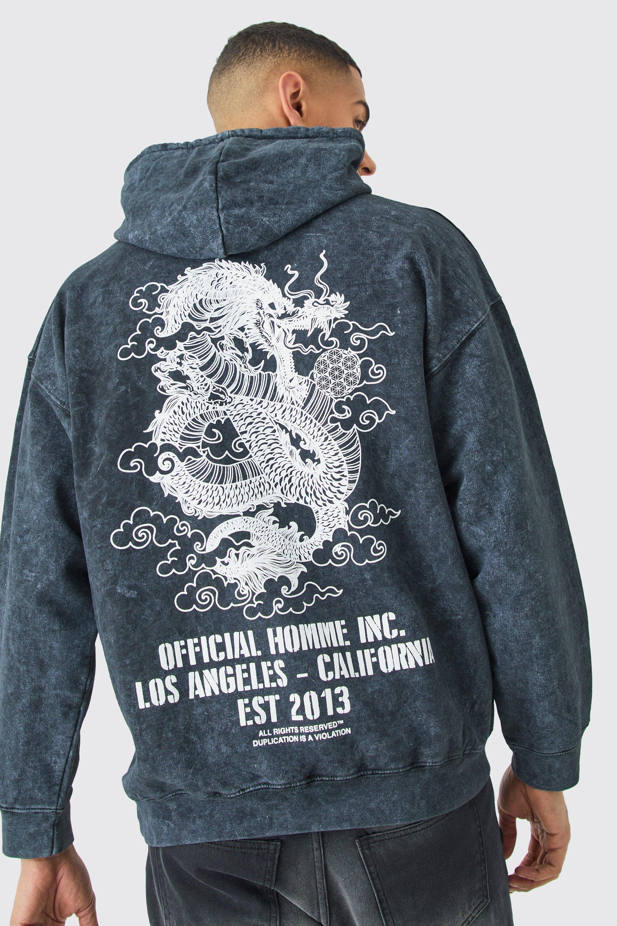 Mens Black Oversized Acid Wash Dragon Graphic Hoodie, Black