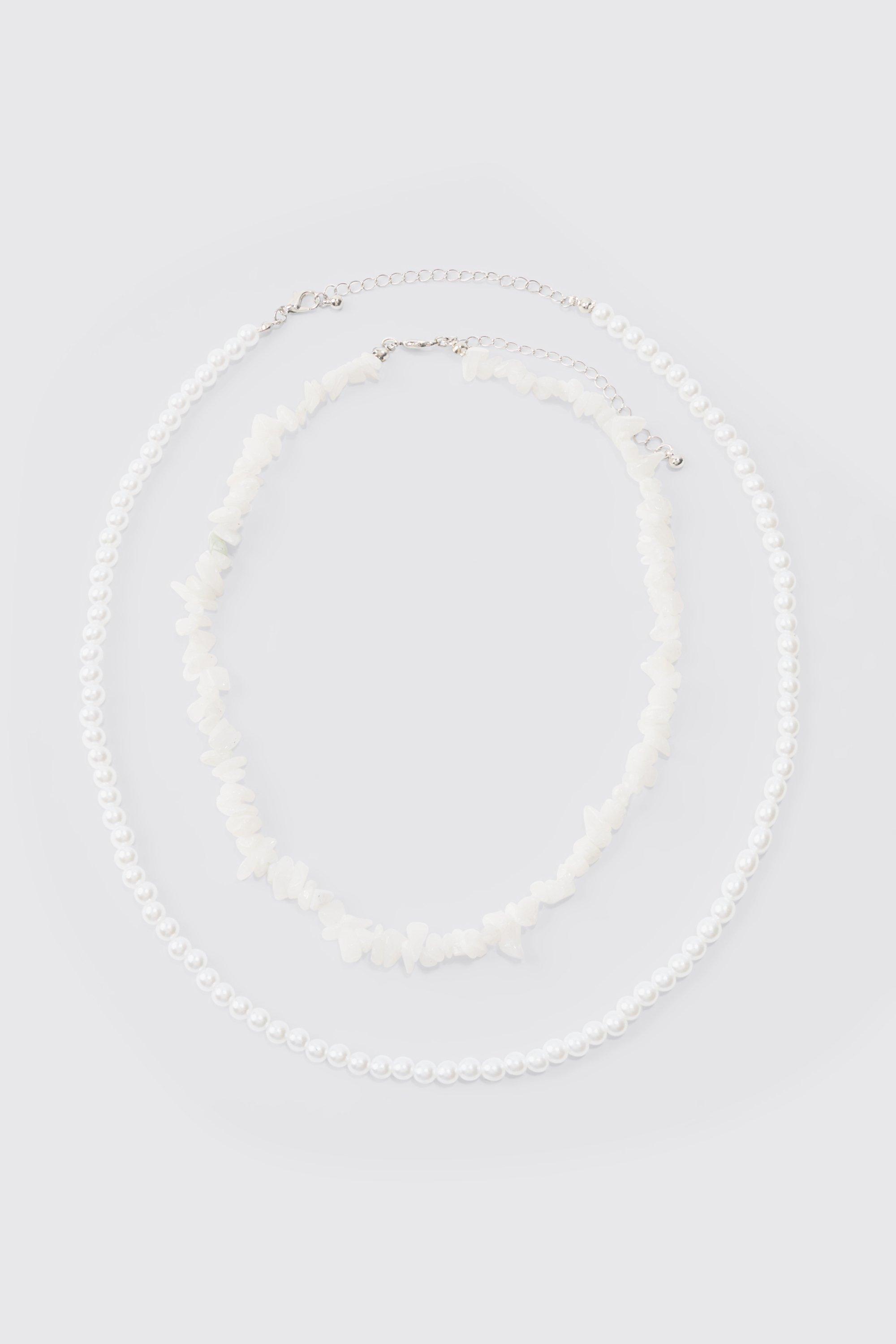 Mens Double Layer Beaded Necklace In White, White