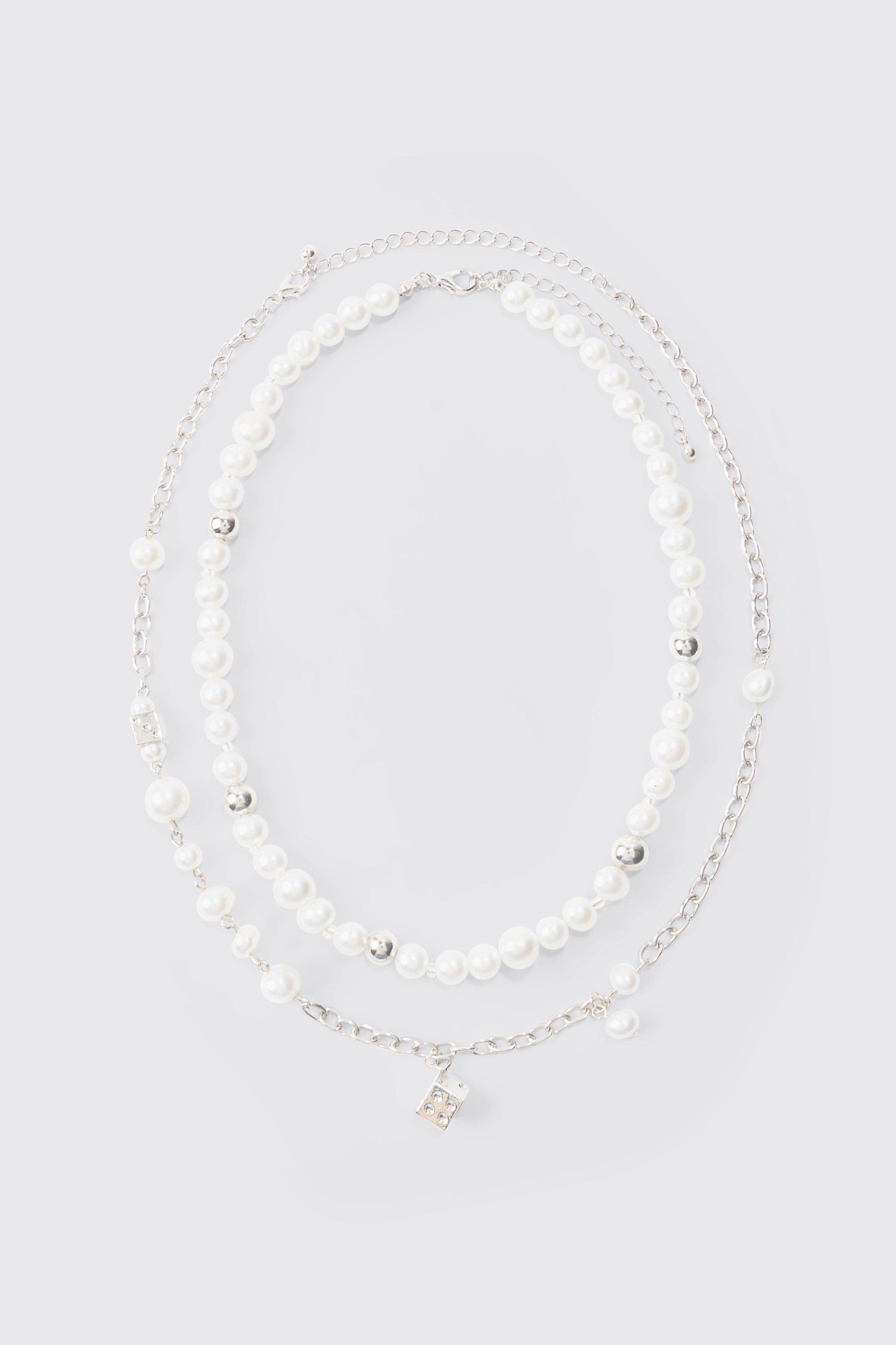 Mens Dice And Parel Double Layer Necklace In White, White